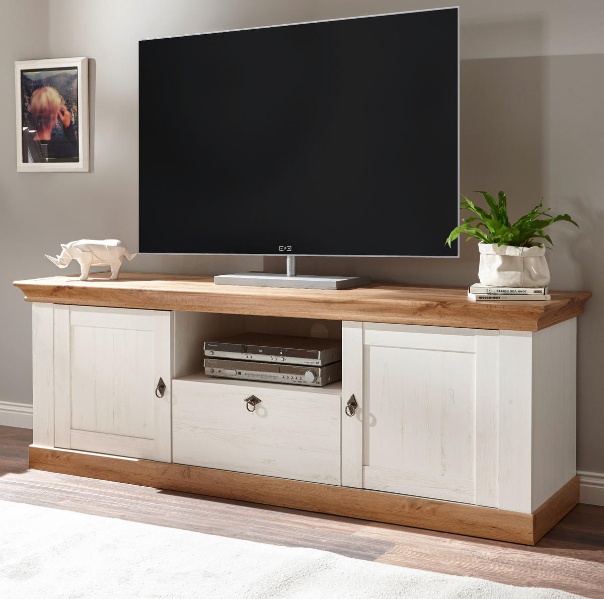 TV-LOWBOARD weiß Pinie, Eiche Wotan 183 cm, Landhaus Fernsehtisch mit Komforthöhe - Silberfarben/Eiche Wotan, Holzwerkstoff/Metall (182/64/52cm) - Furn.Design