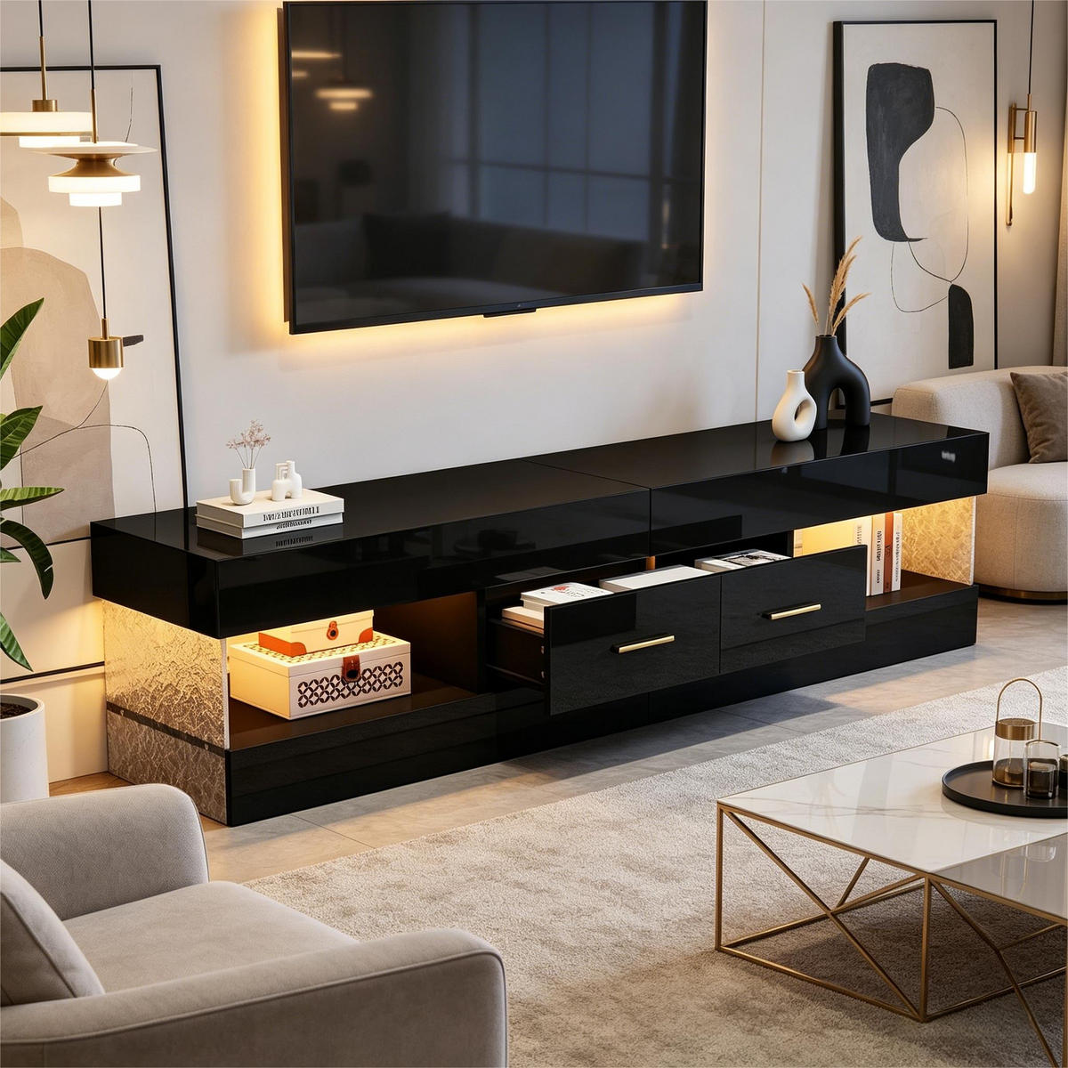 TV-ELEMENT152X35X40CM Schwarz-Hochglanz mit LED-Beleuchtung und Schubladen - Schwarz, Holz (46.71/18.21/89cm) - Raelunyi