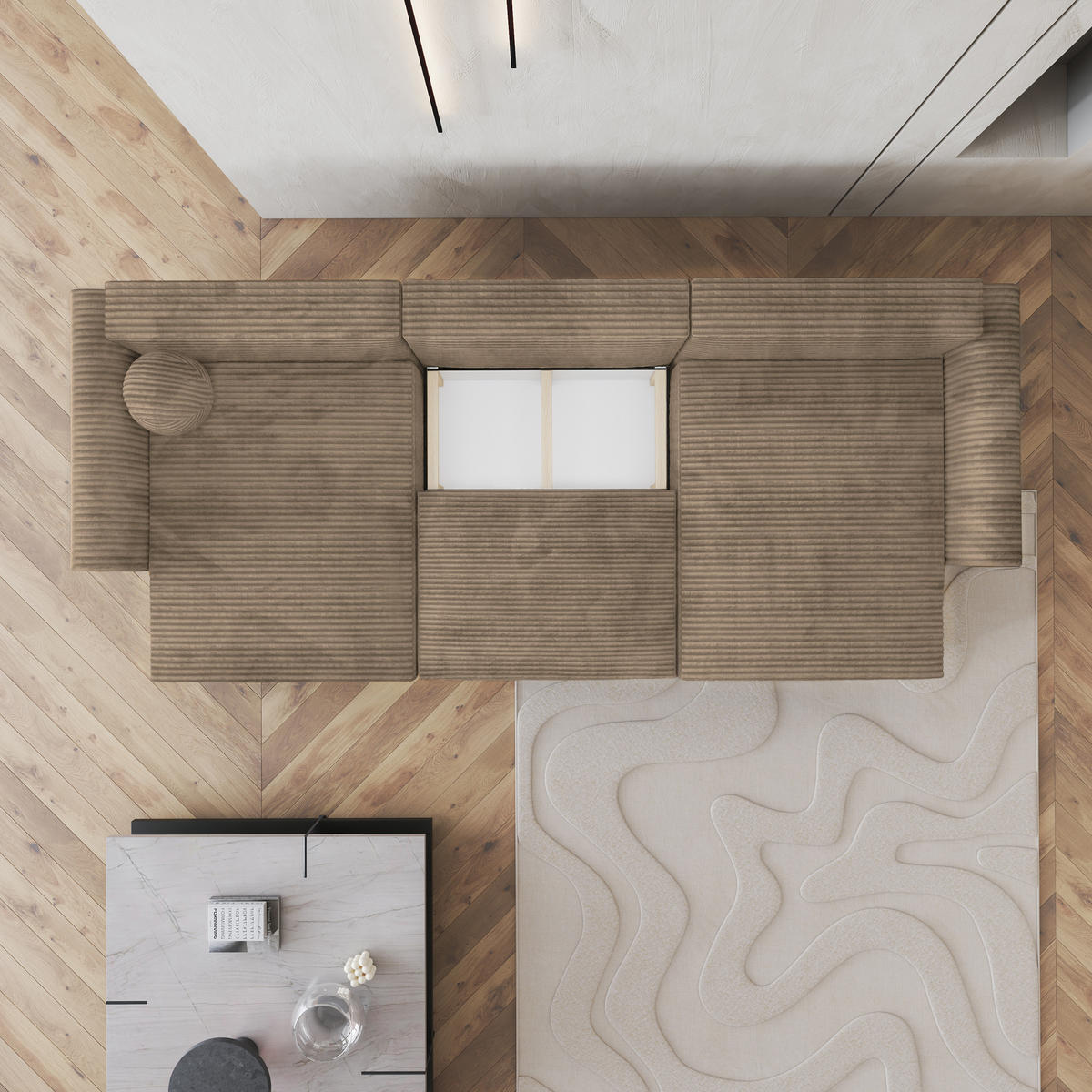 WOHNLANDSCHAFT FENTO Beige Kordstoff mit Schlaffunktion - Beige, Holz (347/90/148cm) - MASSENO