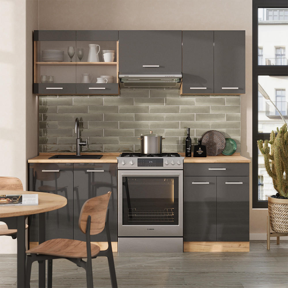 KÜCHE R-Line Anthrazit Hochglanz/Goldkraft Eiche 200 cm ohne AP - Anthrazit/Eiche Wotan, Holzwerkstoff (200/81.6/46cm) - Vicco