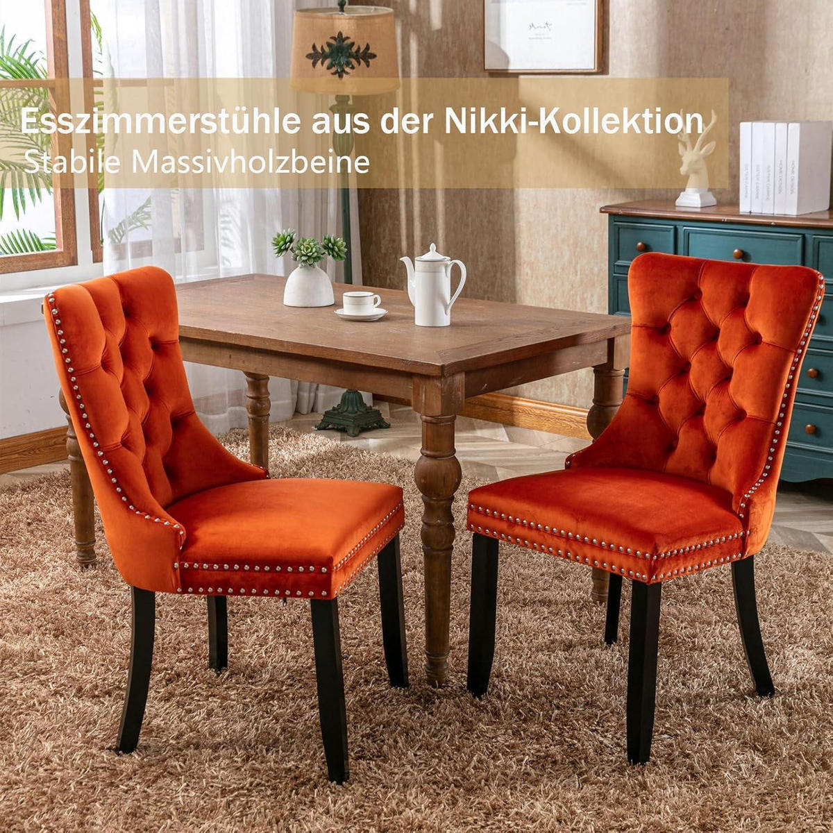 ESSZIMMERSTÜHLE 6er-Set Samt Orange mit Massivholzbeinen - Orange, Textil (50/95.2/62cm)