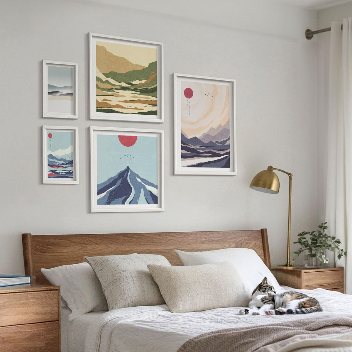 WANDBILDER 5er-Set - 50x50 cm & 20x30 cm & 40x60 cm Weißer Rahmen - Farbenfrohe abstrakte Flussberge - Weiß, Kunststoff (40/60cm) - ArtPrintCave
