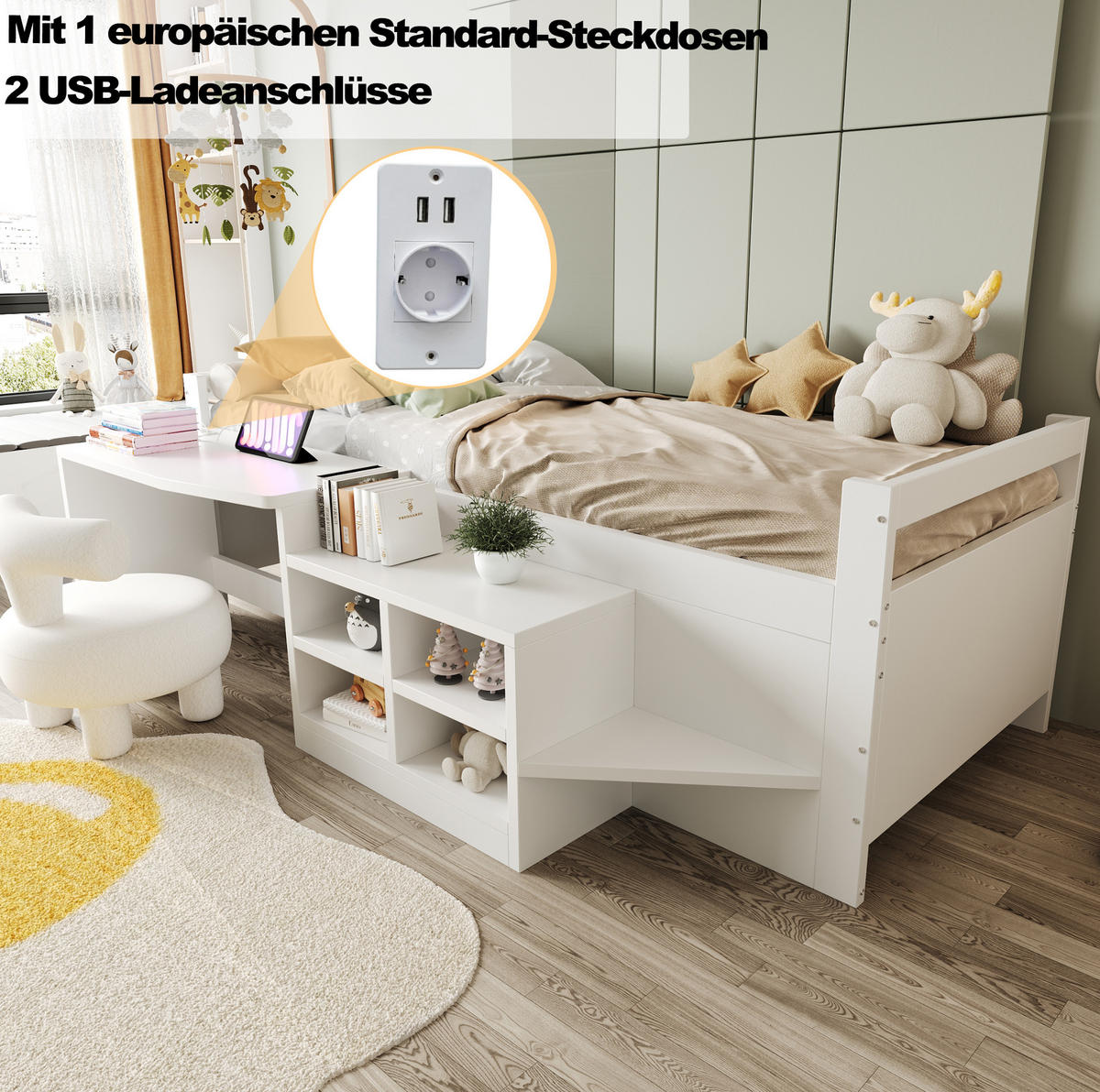 BETT 90/200 cm Weiß aus Kiefernholz und Holzwerkstoff mit Schreibtisch und Stauraum - Weiß, Holz (90/200cm) - OKMYHOME
