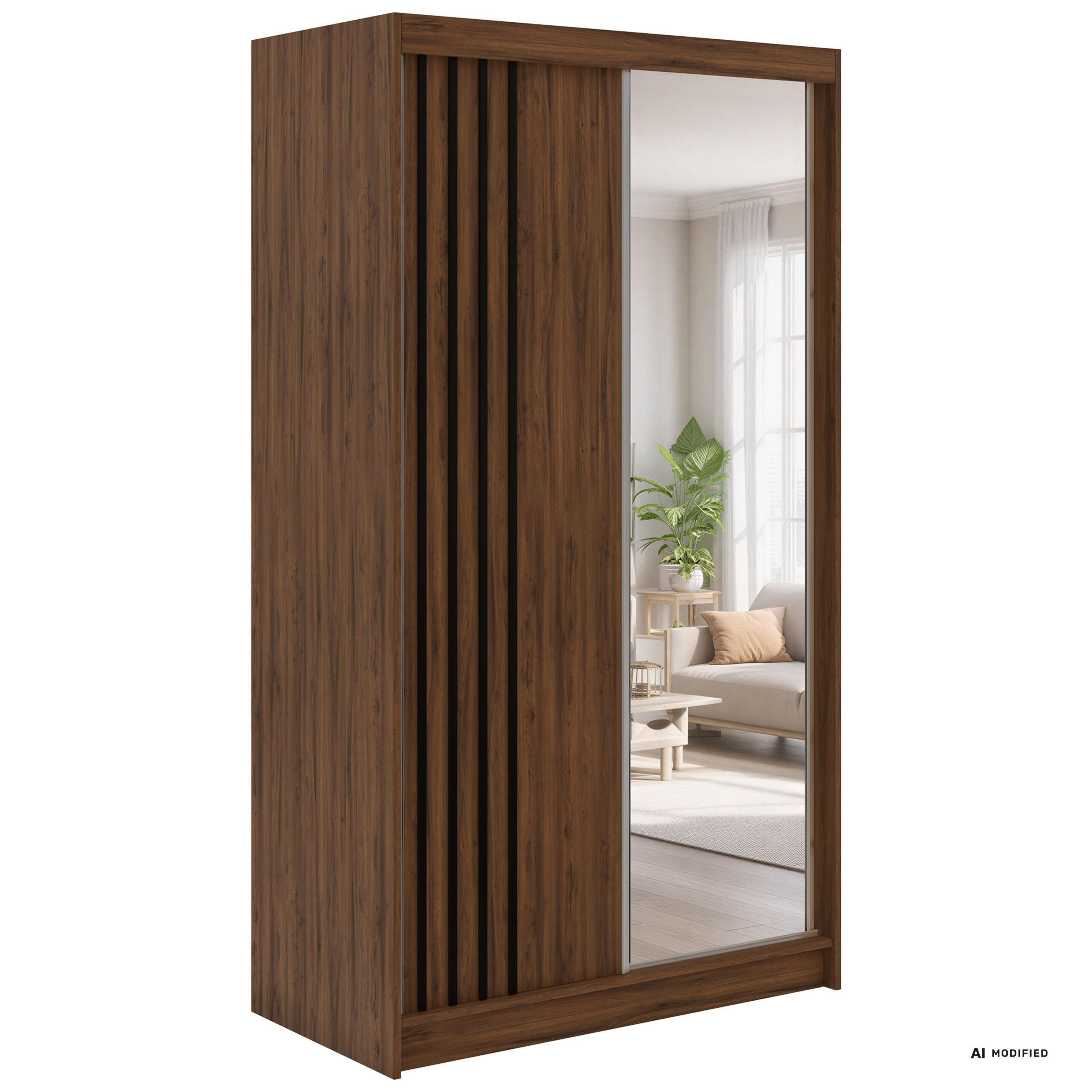 SCHWEBETÜRENSCHRANK mit Lamellen und Spiegel DIANA - 120 - Warmia Walnuss und Schwarz - Walnussfarben/Schwarz, Holzwerkstoff/Metall (120/216/61cm) - MKS