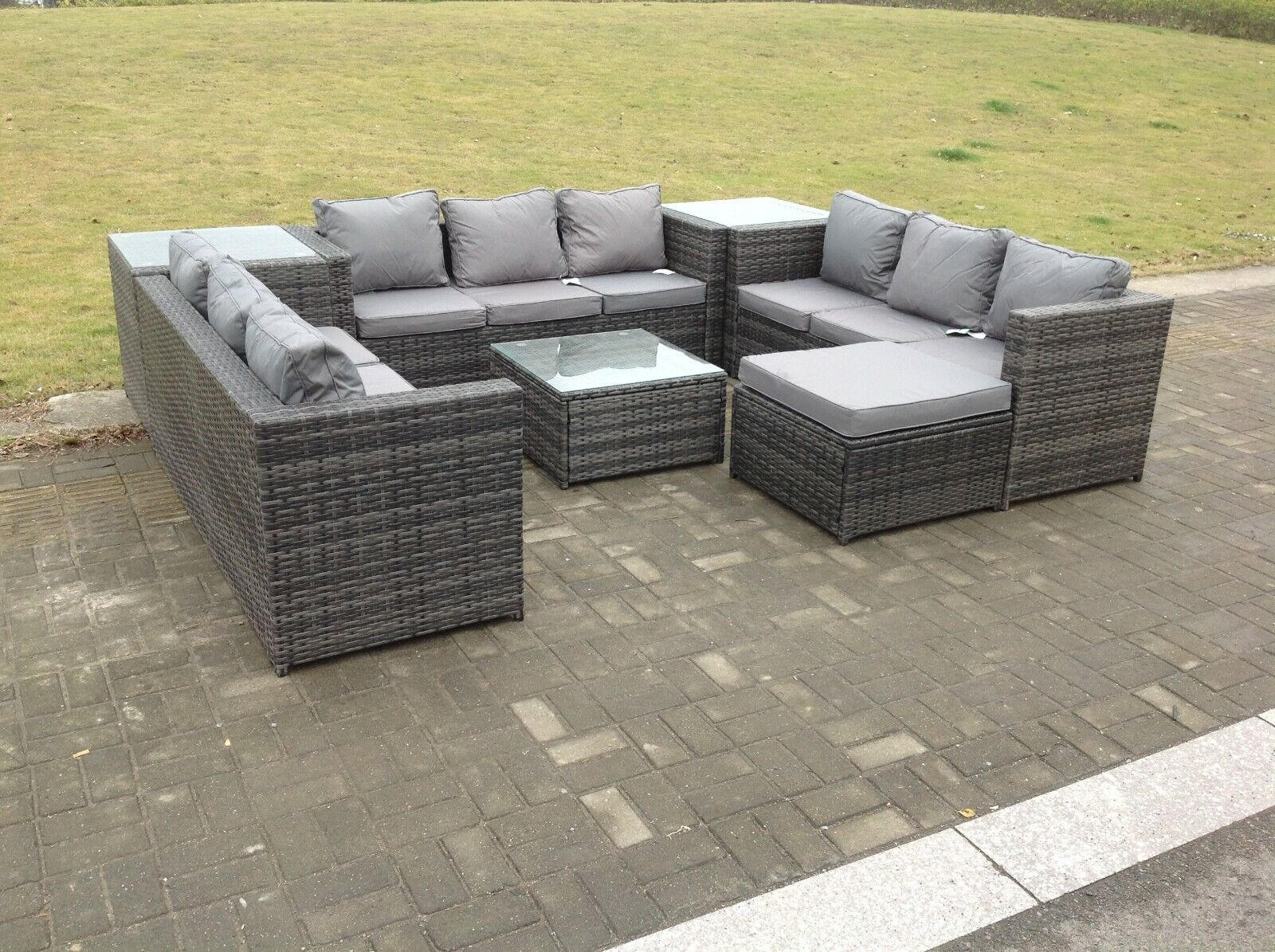 GARTENMÖBELSET mit Couchtisch Polyrattan 10-Sitzer - Dunkelgrau/Grau, Glas/Kunststoff - Fimous