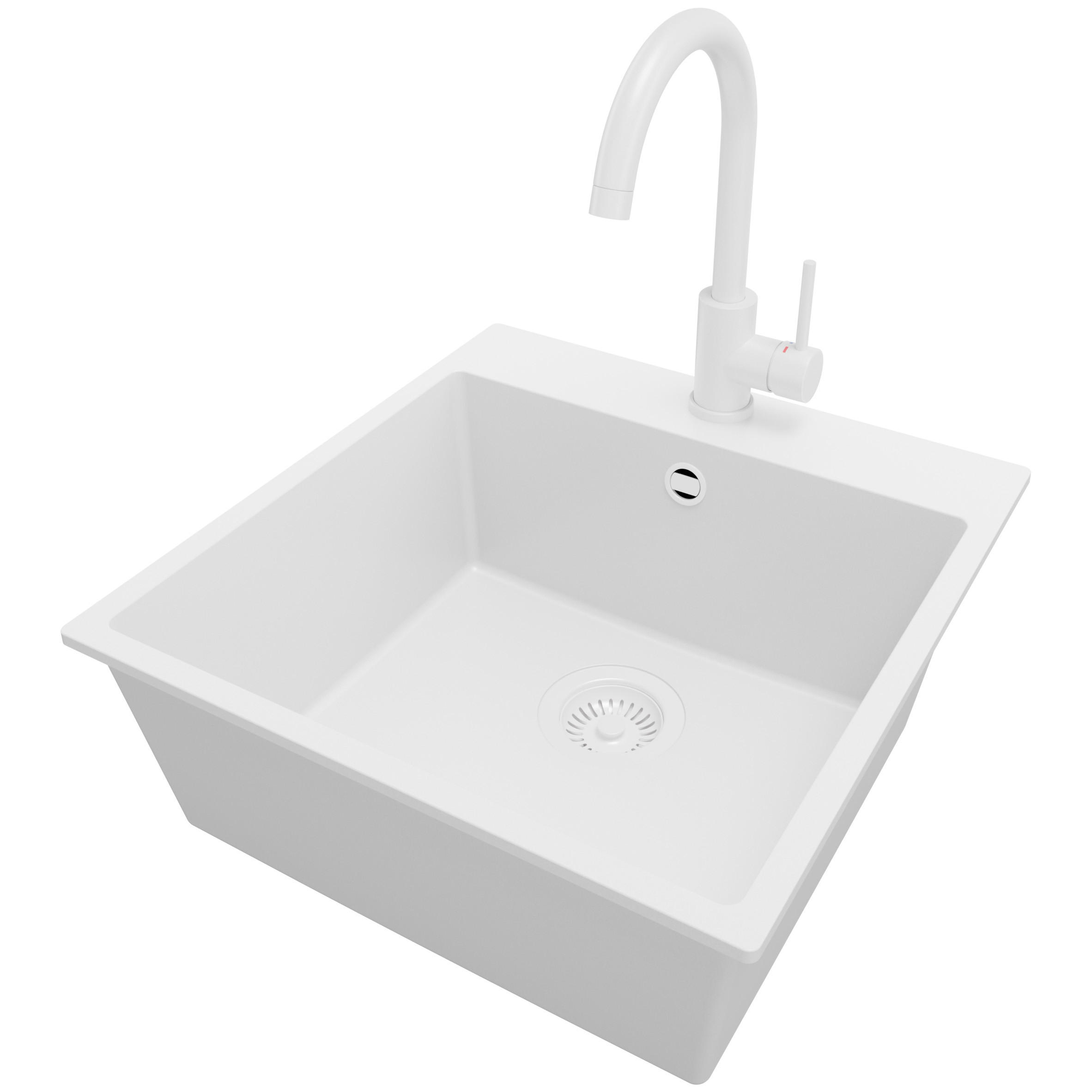 GRANITSPÜLE Riga, 2-er set Alles Weiß 48/50 cm 1 Becken + Küchenarmatur 32/20 cm + Ablauf-Set ab 50er Unterschrank - Weiß, Kunststoff (48/20/50cm) - Primagran