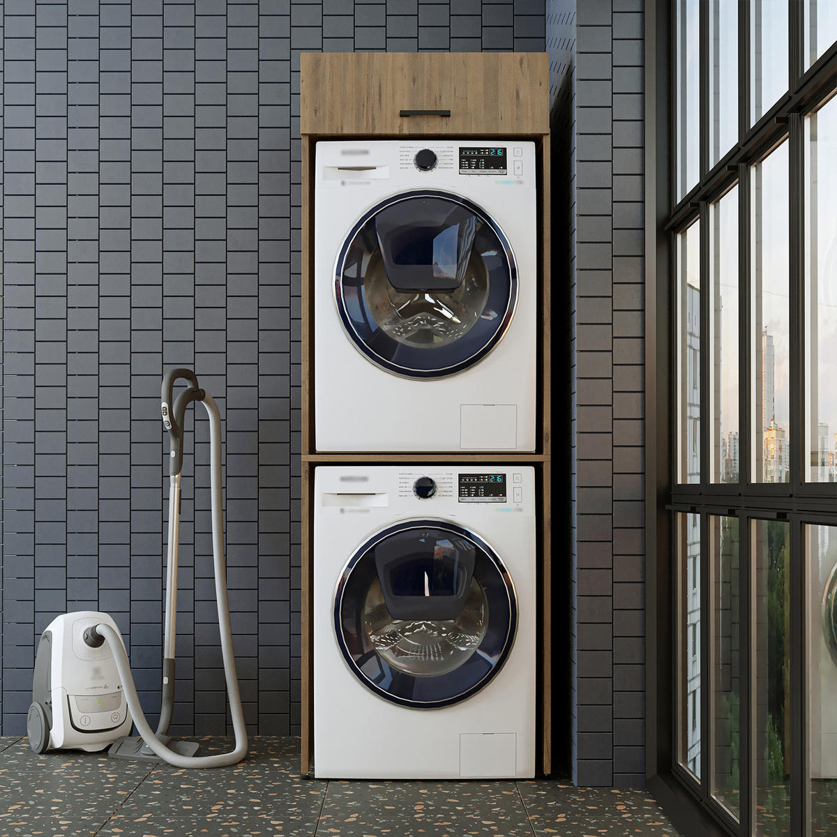 WASCHMASCHINENSCHRANK DUO-II 67cm Breit, 196cm Hoch - Eichefarben, Holzwerkstoff (67/196/67cm)