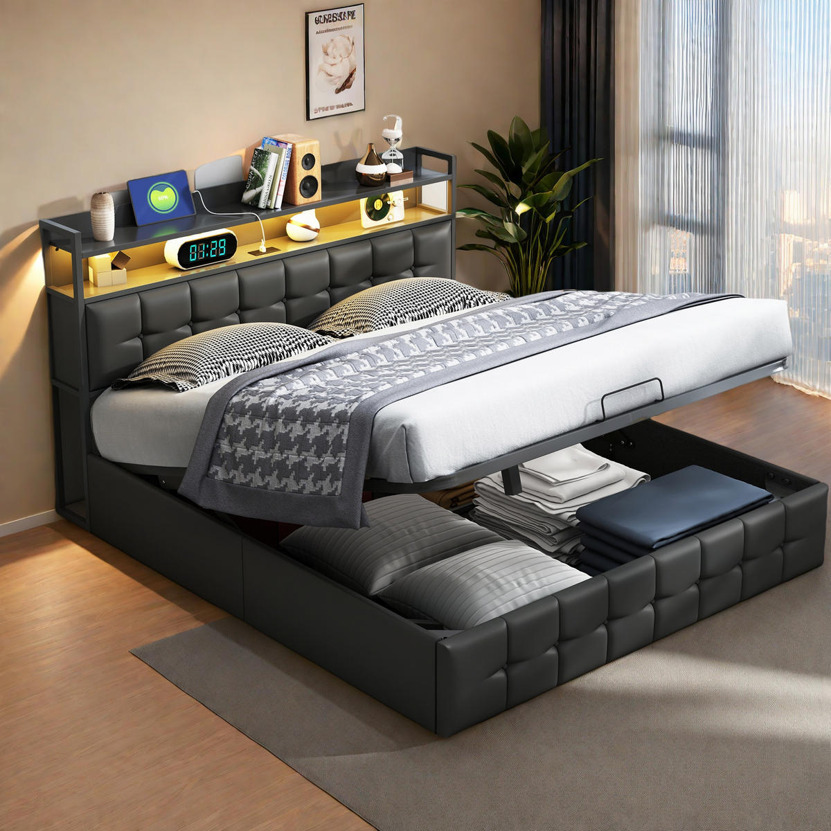 POLSTERBETT 140x200 cm LED Kopfteil Lattenrost PU Leder schwarz - Schwarz, Holz (140/200cm) - LEBENLANG