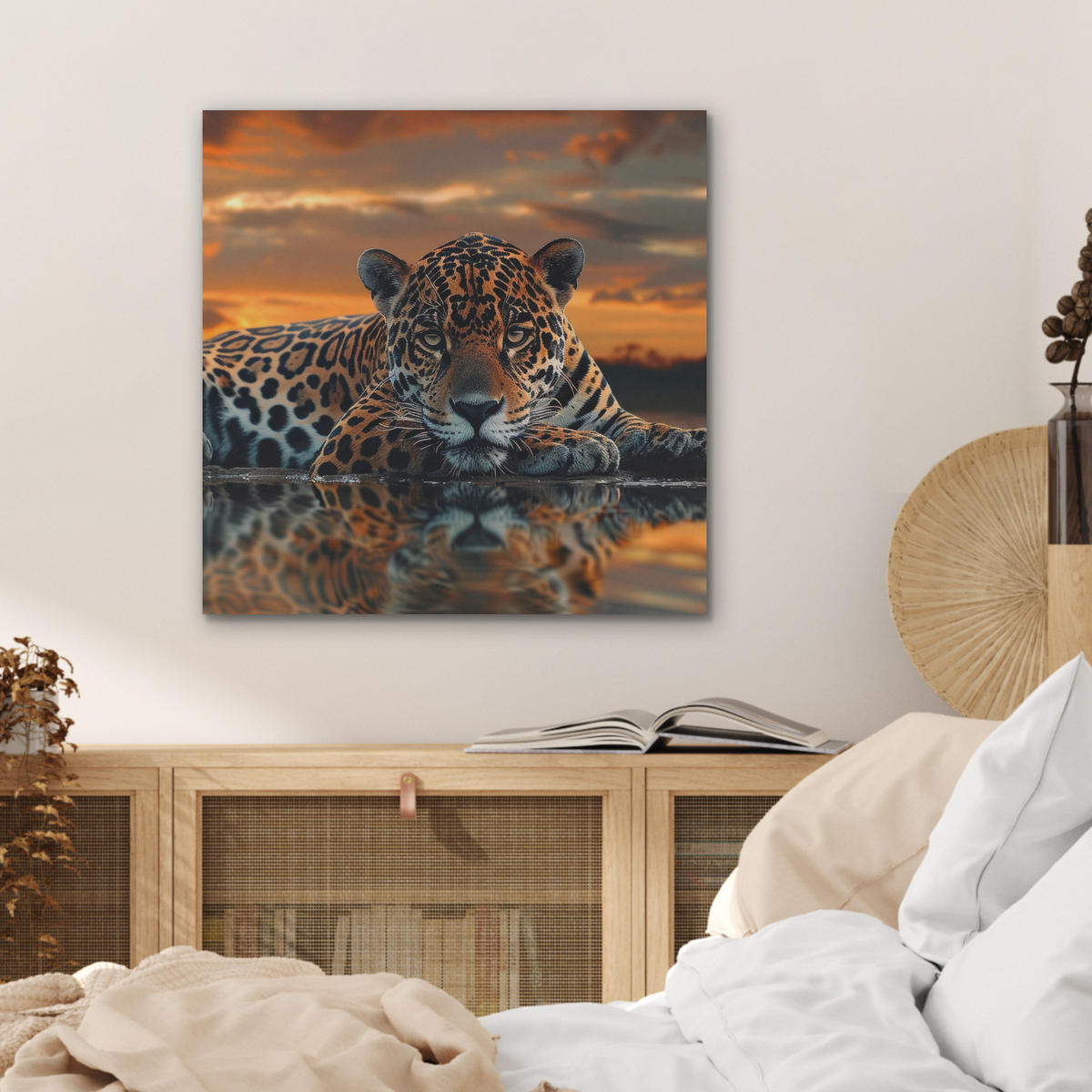 AKUSTIKBILD Natur - Leopard - Tier - Sonnenuntergang - Modern Wandbilder 60x60 cm - Orange, Kunststoff (60/60/0.9cm) - MuchoWow