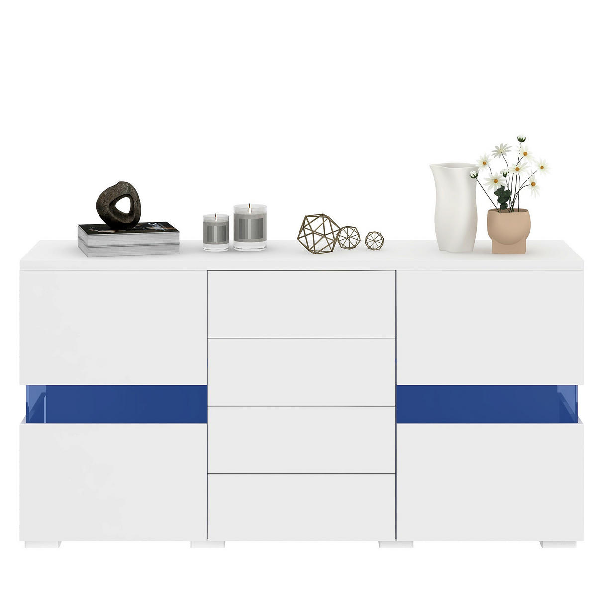 SIDEBOARD 140/35/72 cm mit 2 Acryltüren, 4 Schubladen & LED in Weiß - Weiß, Holzwerkstoff (145/72/35cm) - BEAOK