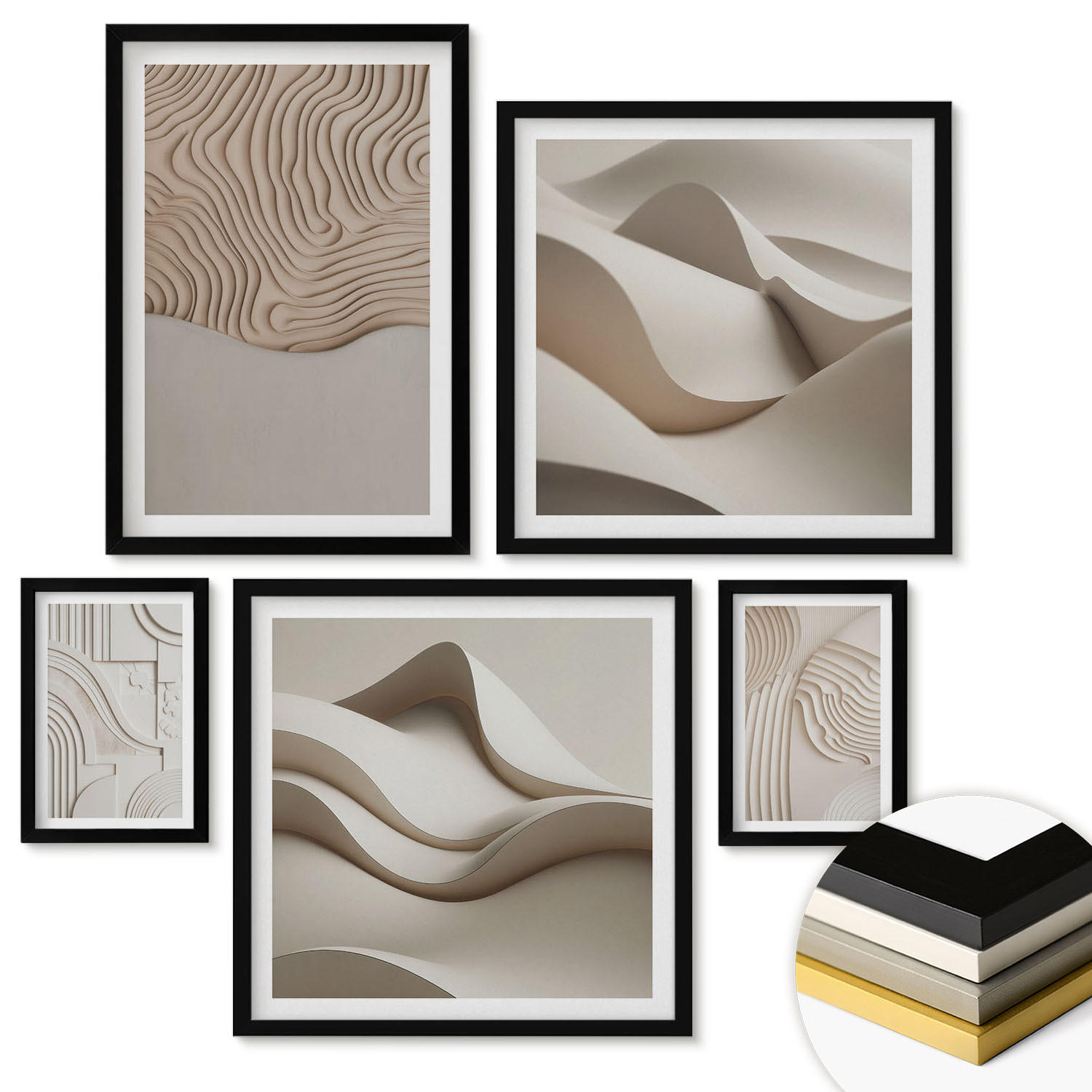 WANDBILDER 5er-Set - 50x50 cm & 20x30 cm & 40x60 cm Schwarzer Rahmen - Abstrakte Wellen auf dem Sand - Schwarz, Kunststoff (40/60cm) - ArtPrintCave