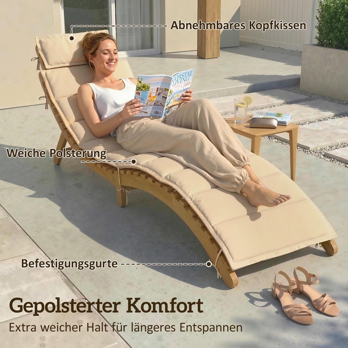 SONNENLIEGE aus Akazienholz Polyester Beige - Beige/Akaziefarben, Holz/Textil (54/63/183cm) - Outsunny