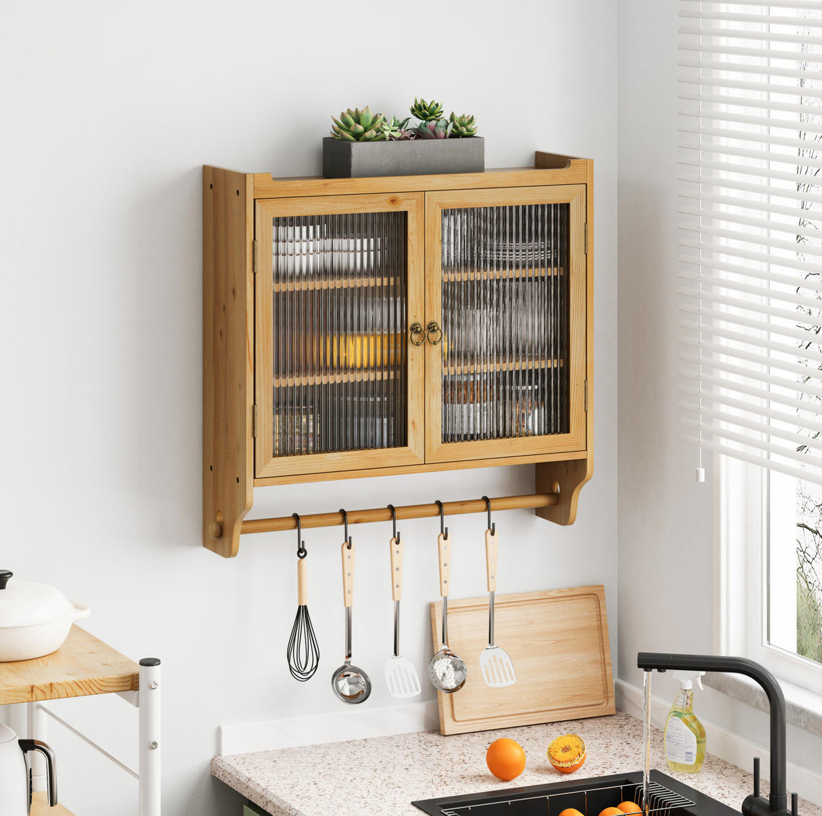 KÜCHENOBERSCHRANK 63/18/60 cm aus Massivholz und MDF mit geriffeltem Glas und Handtuchhalter Natur - Naturfarben, Holzwerkstoff (63/60/18cm) - Modenvie