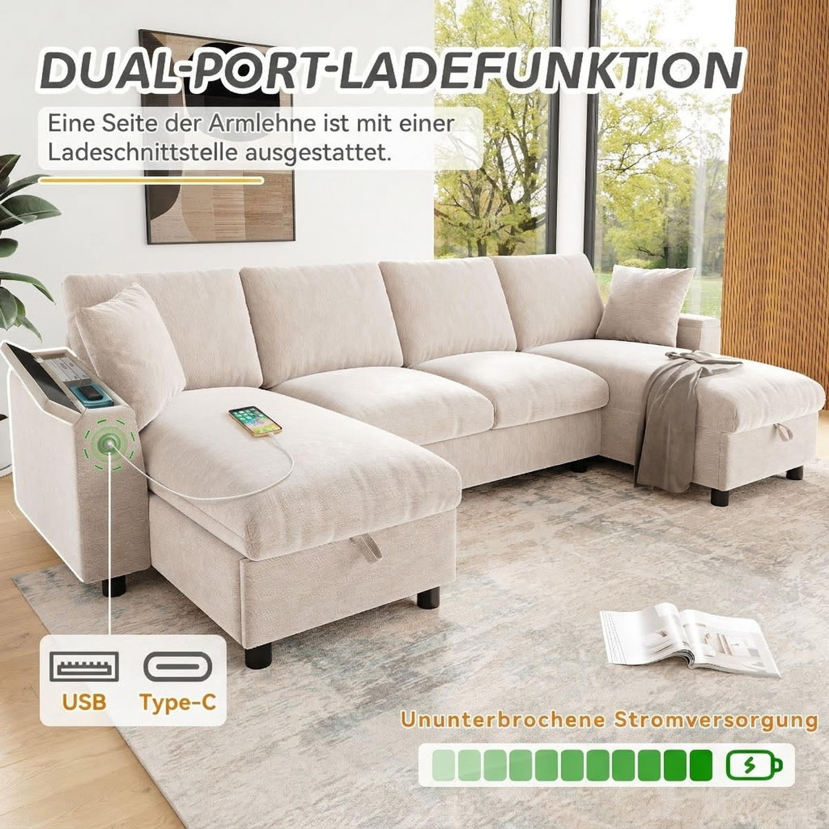 WOHNLANDSCHAFT Chenille Beige mit Stauraum, USB und Type-C-Anschluss - Beige, Holzwerkstoff/Kunststoff (284/84/135cm) - WISHDOR