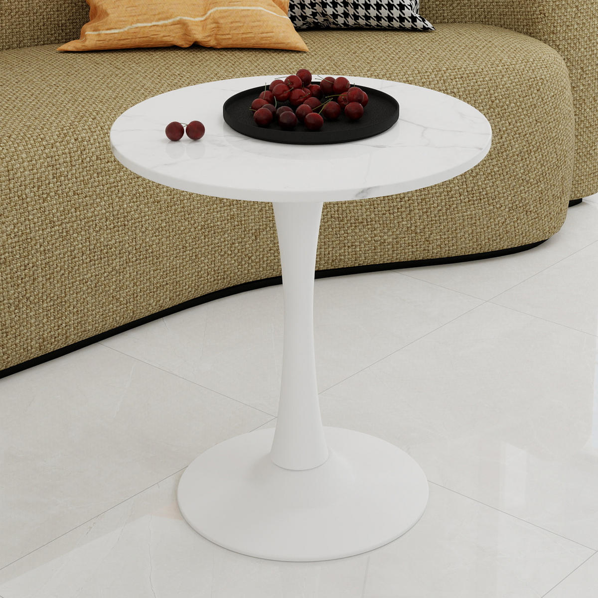 COUCHTISCH rund 70/70/72 cm Weiß mit Kunstmarmorplatte im minimalistischen Design - Weiß, Stein (70/70/72cm) - OKWISH