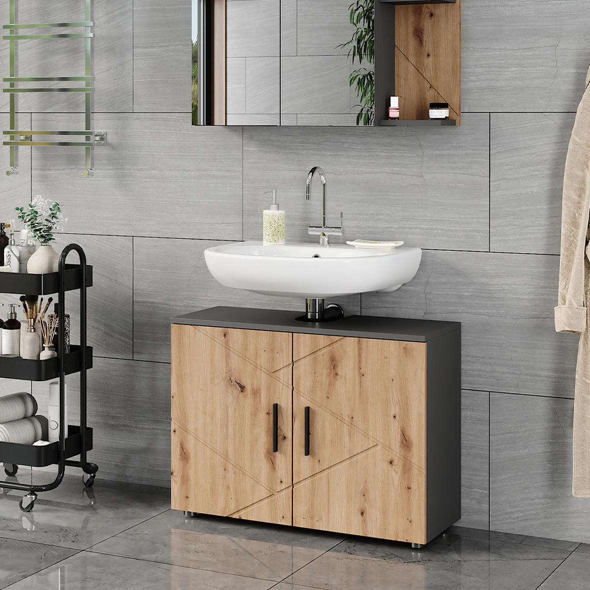 WASCHTISCHUNTERSCHRANK Irma Anthrazit/Artisan 80 x 59 cm mit 2 Türen - Anthrazit/Eiche Artisan, Holzwerkstoff (80/59/30cm) - Vicco