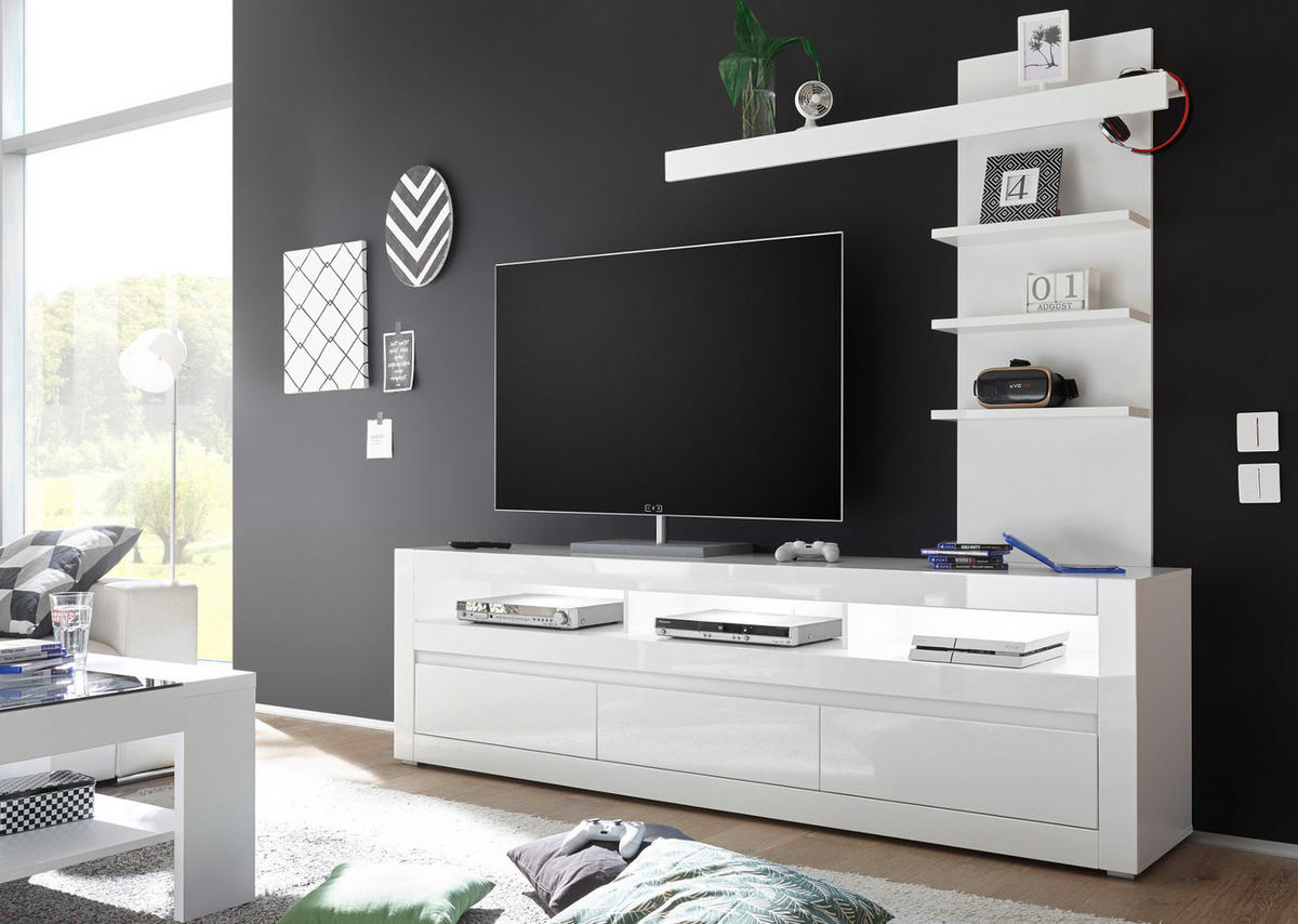 LOWBOARD Hochglanz weiß, Set 2-tlg. inklusive Paneel, TV Unterschrank Soft-Close - Weiß Hochglanz/Weiß, Holzwerkstoff/Kunststoff (217/163/42cm) - Furn.Design