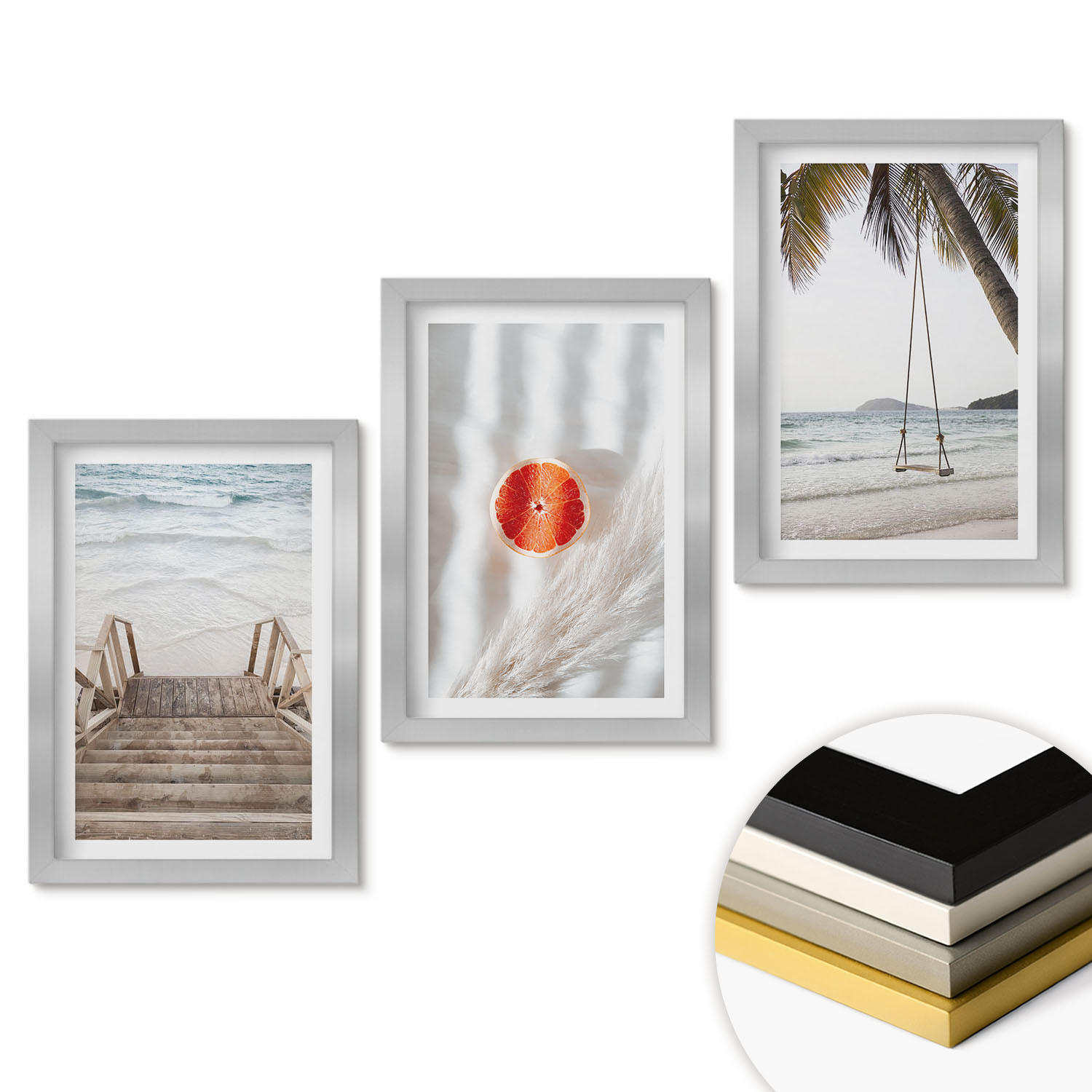 WANDBILDER 3er Set - 20x30 cm Silberner Rahmen - Strandtreppe aus Holz, Urlaub - Silberfarben, Kunststoff (20/30cm) - ArtPrintCave