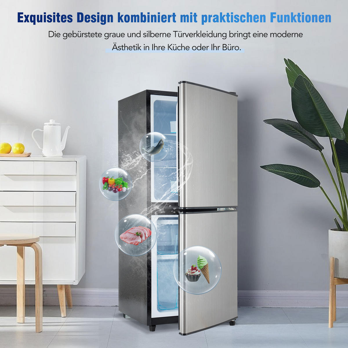 MINIKUHLSCHRANK 44.5/42.5/102 cm Silber 106L mit LED-Beleuchtung - Silberfarben, Metall (44.5/102/42.5cm) - Oxeza