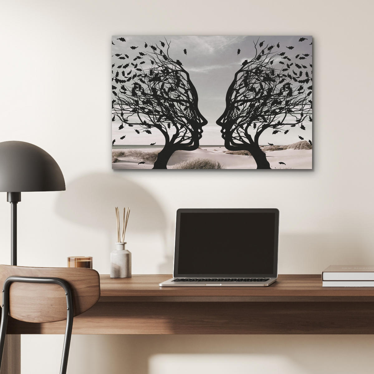 AKUSTIKBILD Strand - Meer - Menschen - Baum - Moderne Kunst Wanddeko 70x50 cm - Hellgrau, Kunststoff (70/50/0.9cm) - MuchoWow