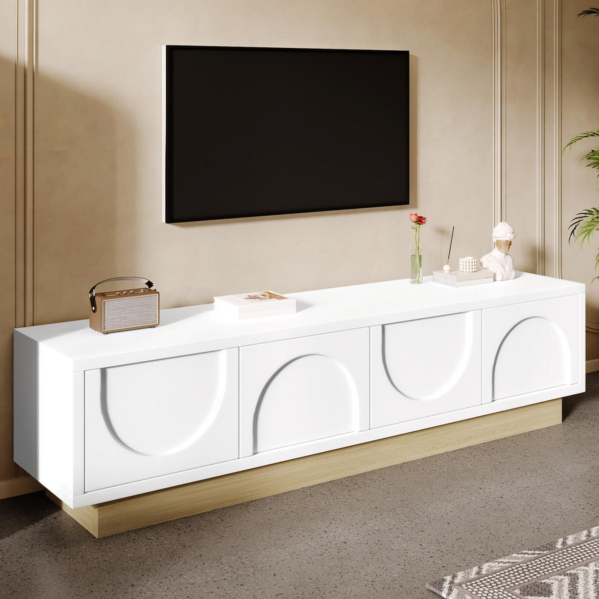 TV-SCHRANK 175cm Modern Weiß Holzmaserung Kurvendesign Stauraum - Weiß, Holz (39.37/21.08/56.9cm) - FLIEKS
