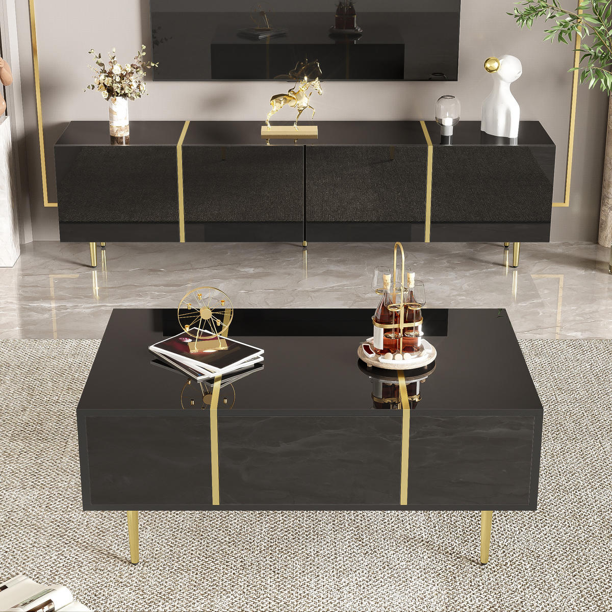 TV-SCHRANK Couchtisch Set schwarz - Schwarz, Holzwerkstoff (170/46/35cm)