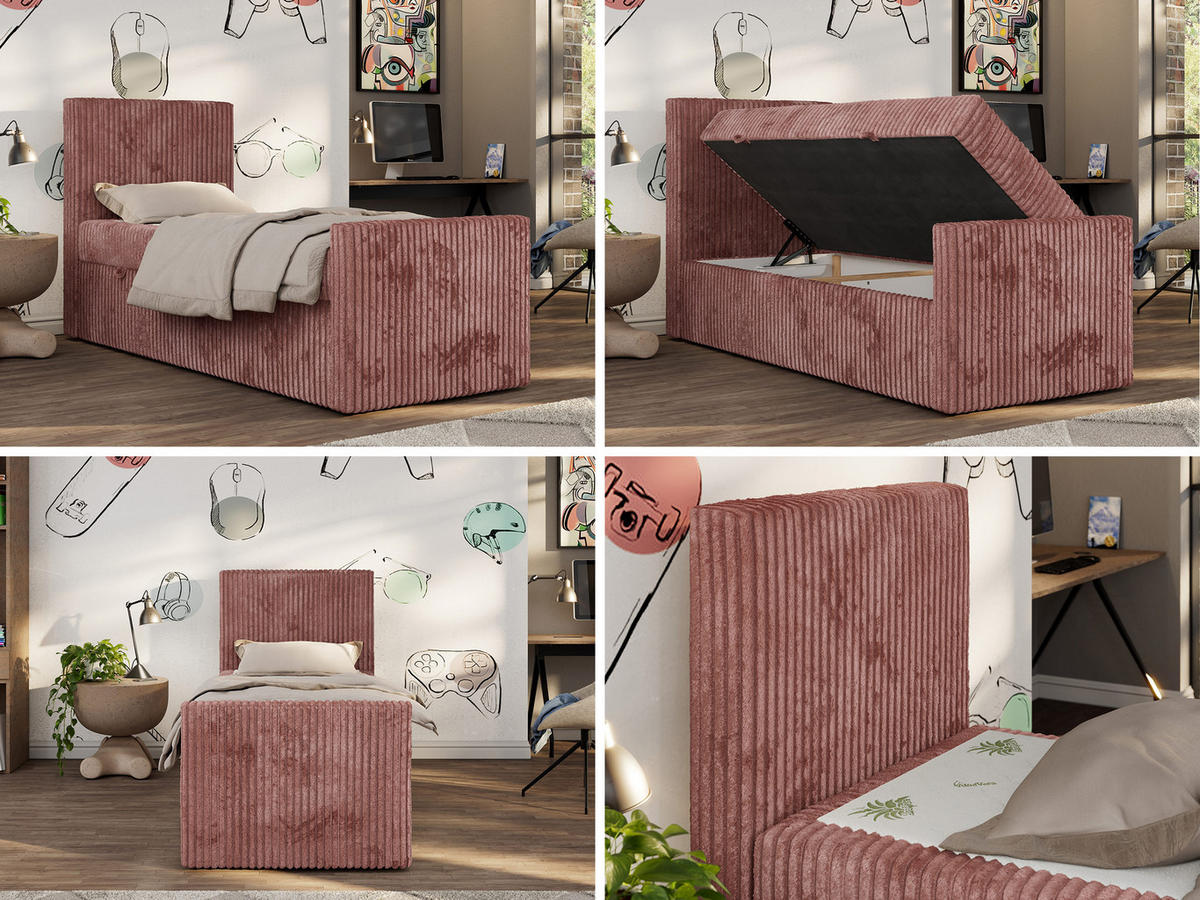 MLÁDEŽNÍ POSTEL TILIO DUO 90/200 - Světle růžová Manšestr - H3 - Vlevo - růžová, textil (90/200cm) - MKS