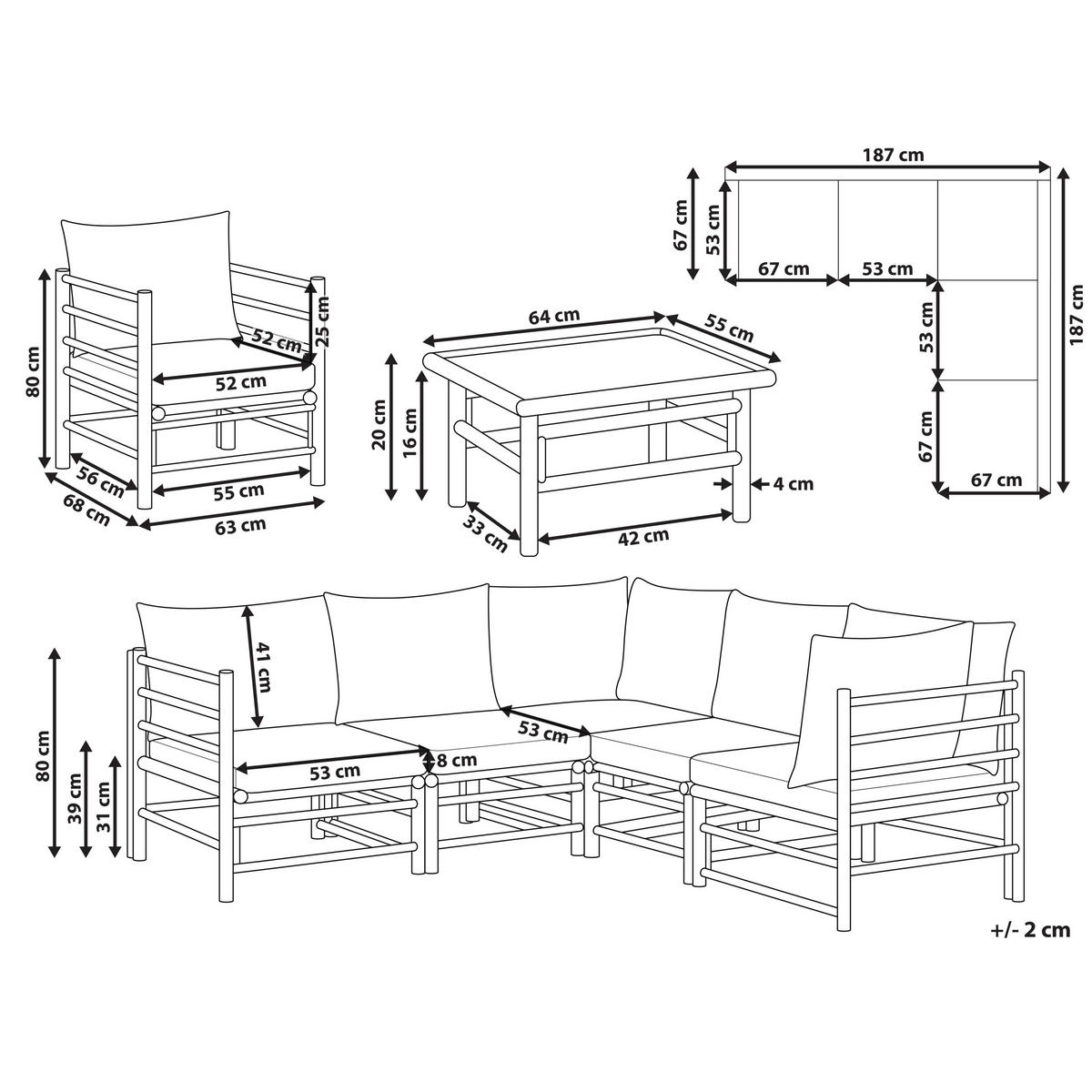 LOUNGE SET 6-Sitzer Bambusholz hellbraun 3-teilig Auflagen cremeweiß Cerreto - Creme, Holz - Beliani