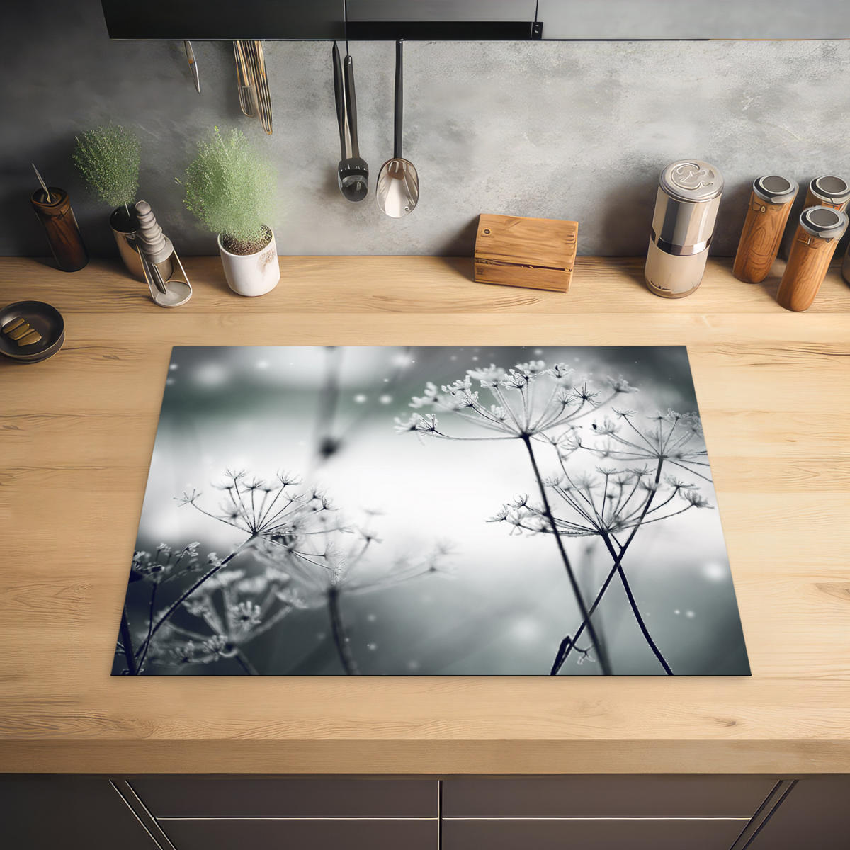 HERDABDECKPLATTE Blumen - Winter - Schnee - Natur Induktionsmatte 71x52 cm - Grau, Kunststoff (71/52/0.2cm) - MuchoWow