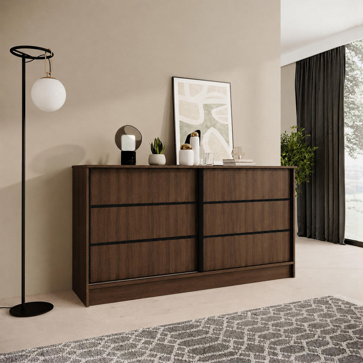 KOMMODE Mirela mit 2 Schiebetüren 160 cm, Walnuss+Schwarz - Walnussfarben/Schwarz, Holzwerkstoff (161/85/43.5cm) - Beautysofa