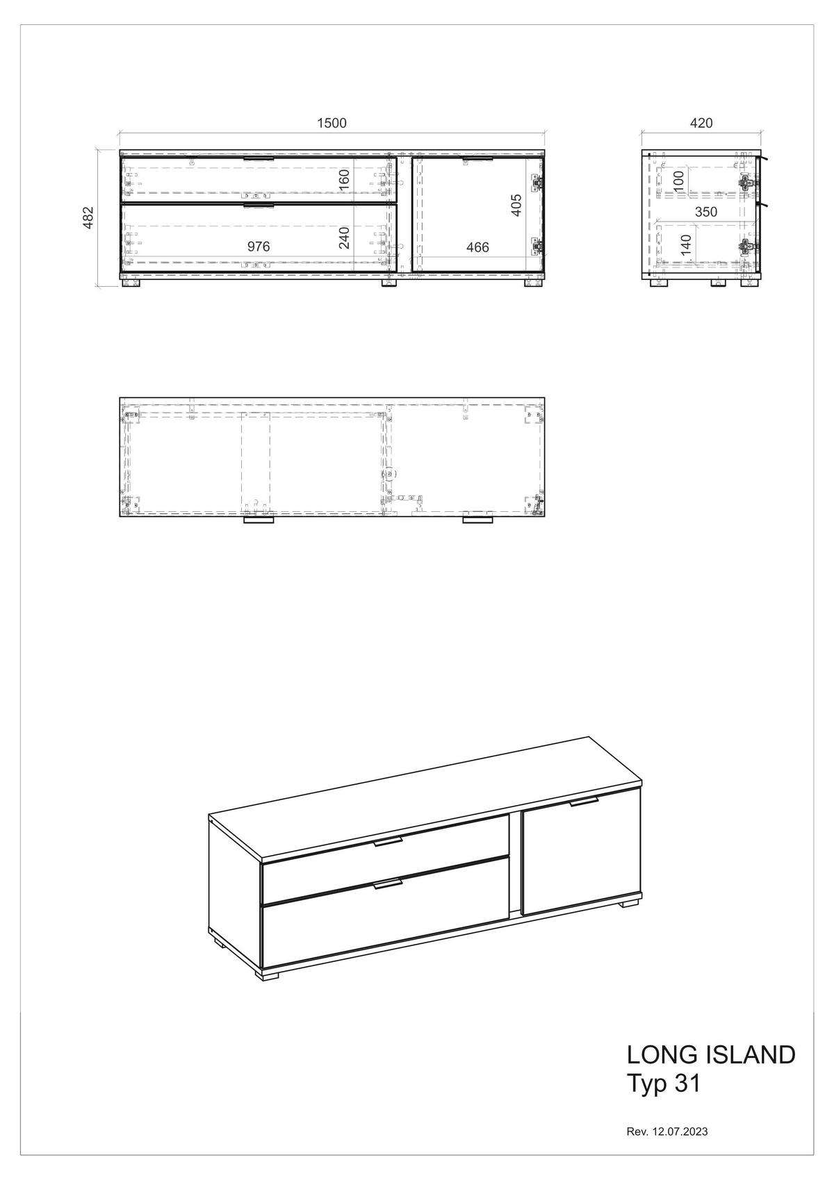 LOWBOARD M19 Weiß Matt 150/45/42 cm schmal - Weiß, Holzwerkstoff (150/45/42cm) - Livojo
