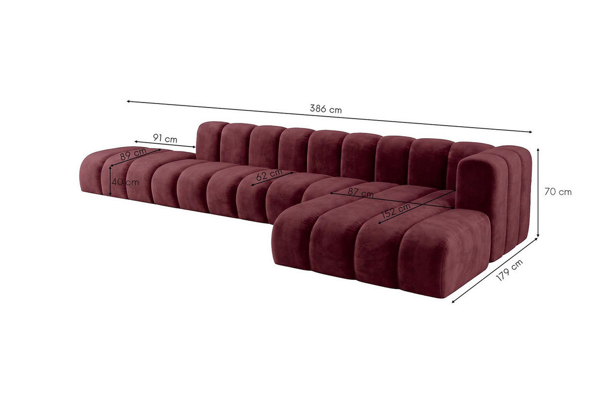 ECKSOFA Modulares In L-Form Mit Hocker, Velvet-Stoff Riviera, Rotwein, Rechts, GRAND - Dunkelrot, Holz (386/179cm) - Kaiser Möbel