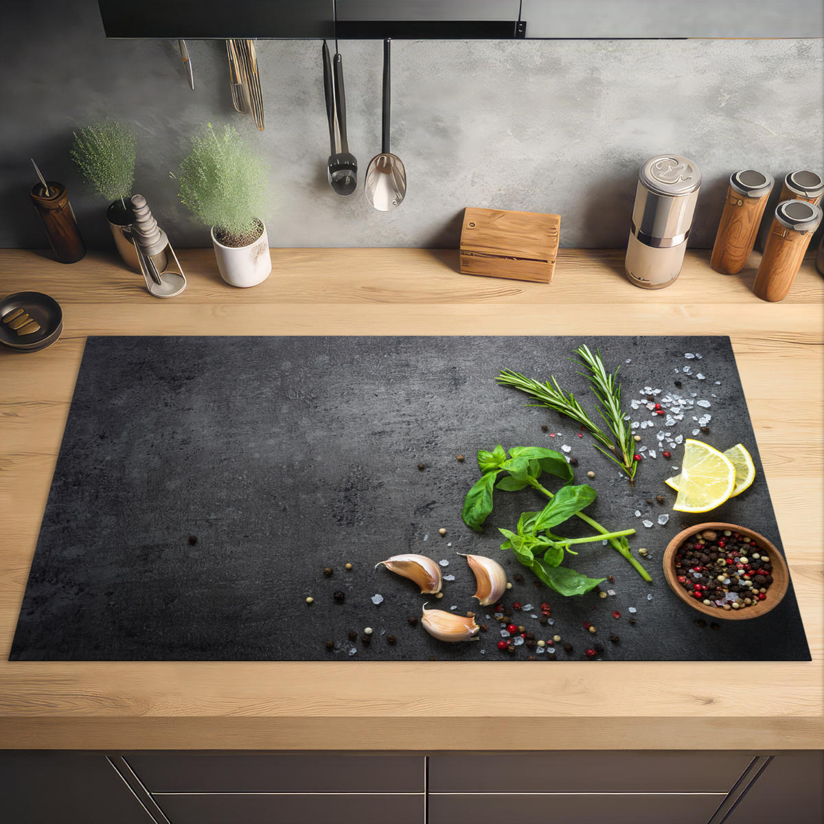 HERDABDECKPLATTE Limette - Kräuter - Gewürze - Grün - Grau - Beton Induktionsschutz 91.6x52.7 cm - Grün, Kunststoff (91.6/52.7/0.2cm) - MuchoWow