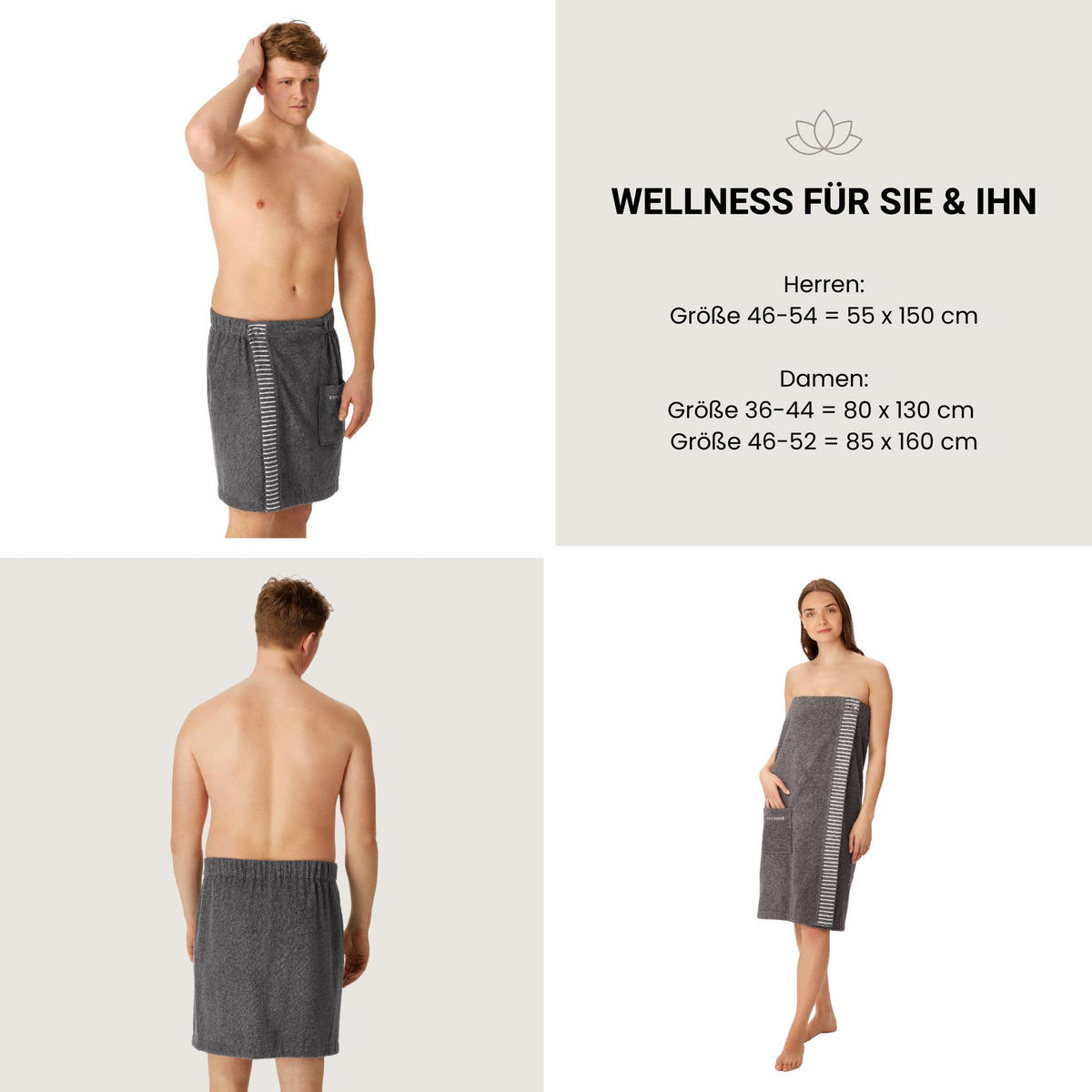 SAUNAKILT Rom Herren - 46-54 - Dunkelgrau - Dunkelgrau, Textil (55/150cm) - SCHIESSER