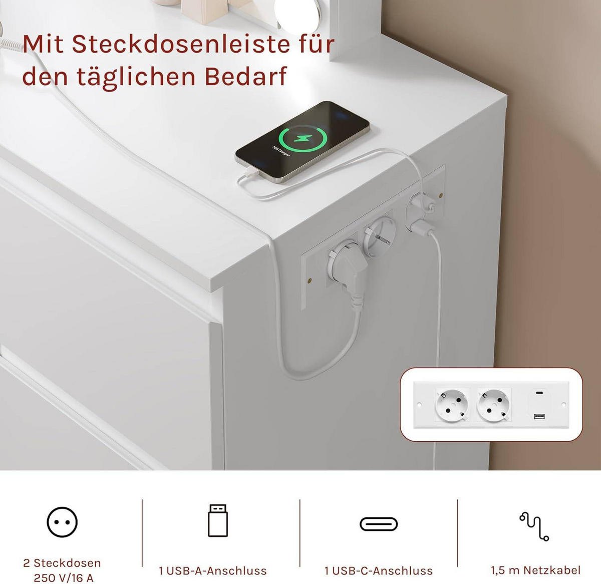 SCHMINKTISCH mit LED-Beleuchtung Steckdose Spiegel, Weiß - Weiß, Glas/Holzwerkstoff (110/140.5/39.5cm) - Woltu