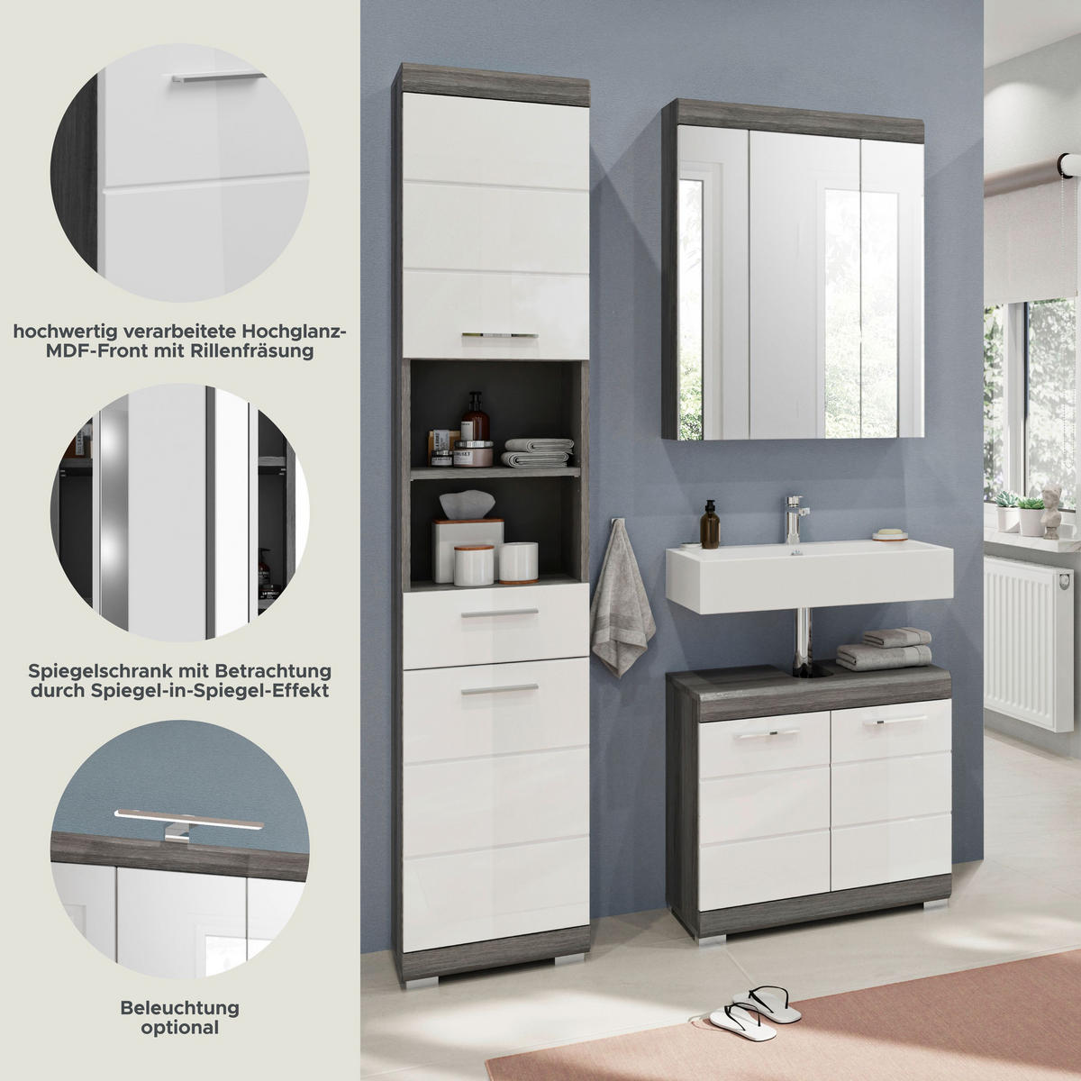 BADKOMBINATION 3tlg. Scout Bad in Rauchsilber Nachbildung und weiß hochglanz B/H/T: 112x191x34 cm - Anthrazit, Holz (112/191/34cm)