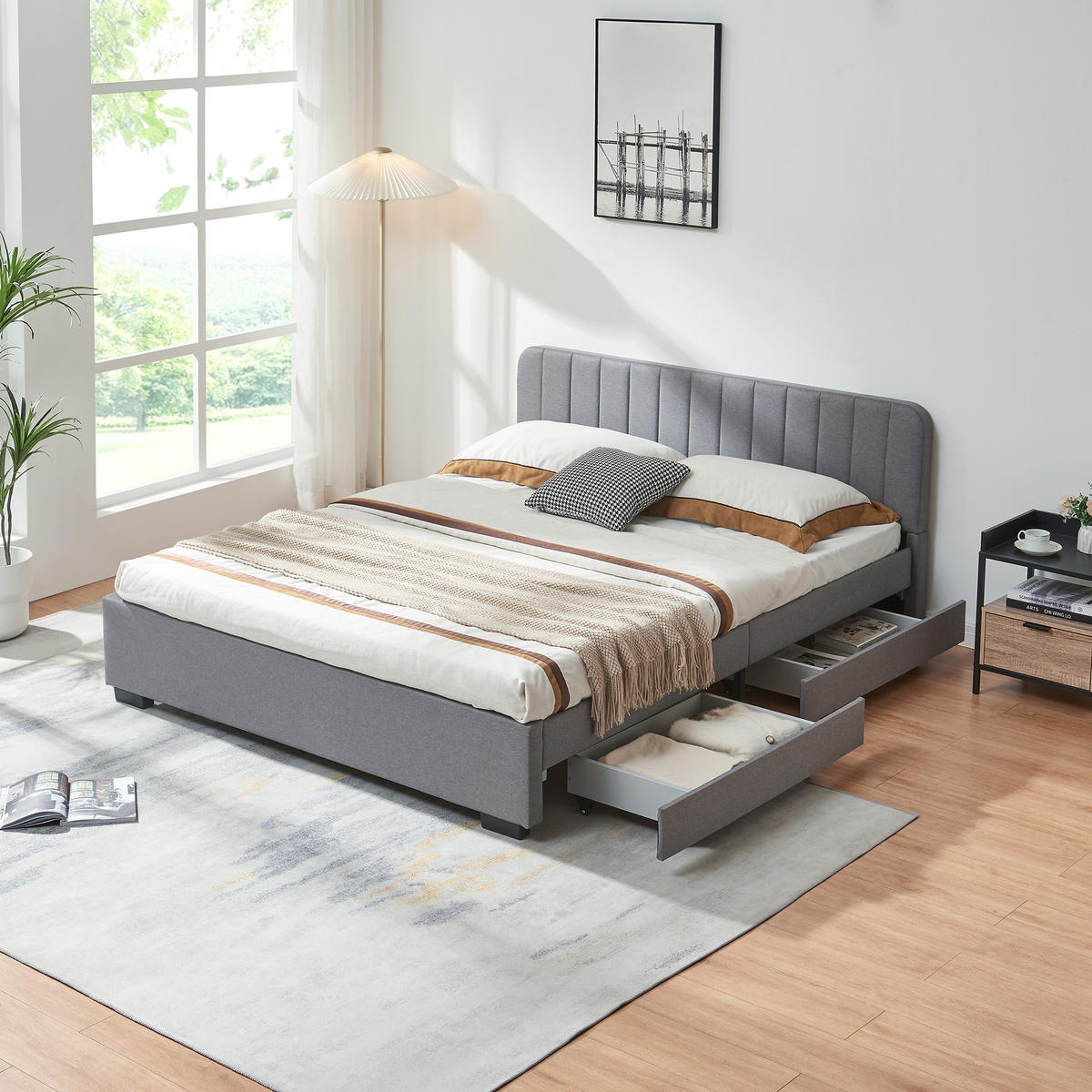 POLSTERBETT Nofrenna - Schwarz/Grau, Holzwerkstoff/Kunststoff (160/200cm) - [en.casa]