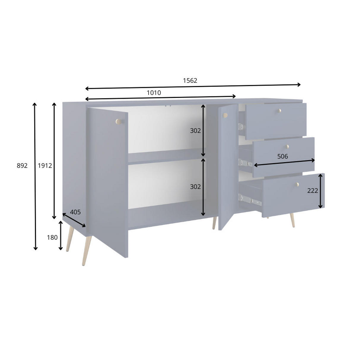 SIDEBOARD Rose marineblau 156 / 40,5 / 89cm - Blau/Goldfarben, Holzwerkstoff/Metall (156/89/41cm) - Feldmann-Wohnen
