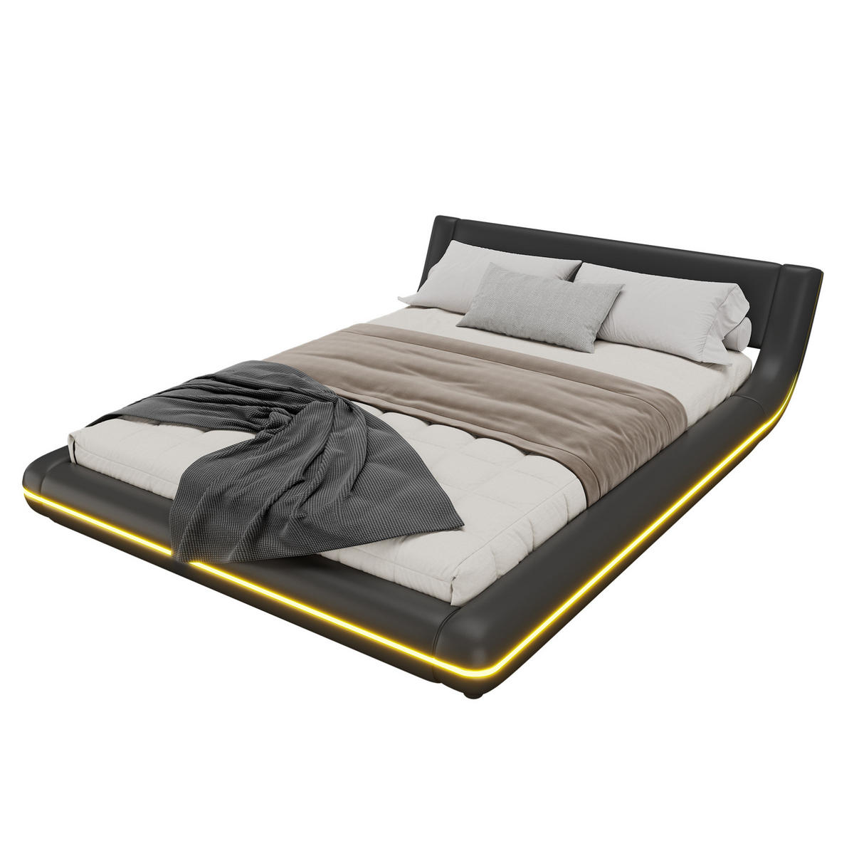 BODENBETT 140/200 cm Schwarz mit LED-Umgebungslicht - Schwarz, Kunststoff (140/200cm) - OKWISH