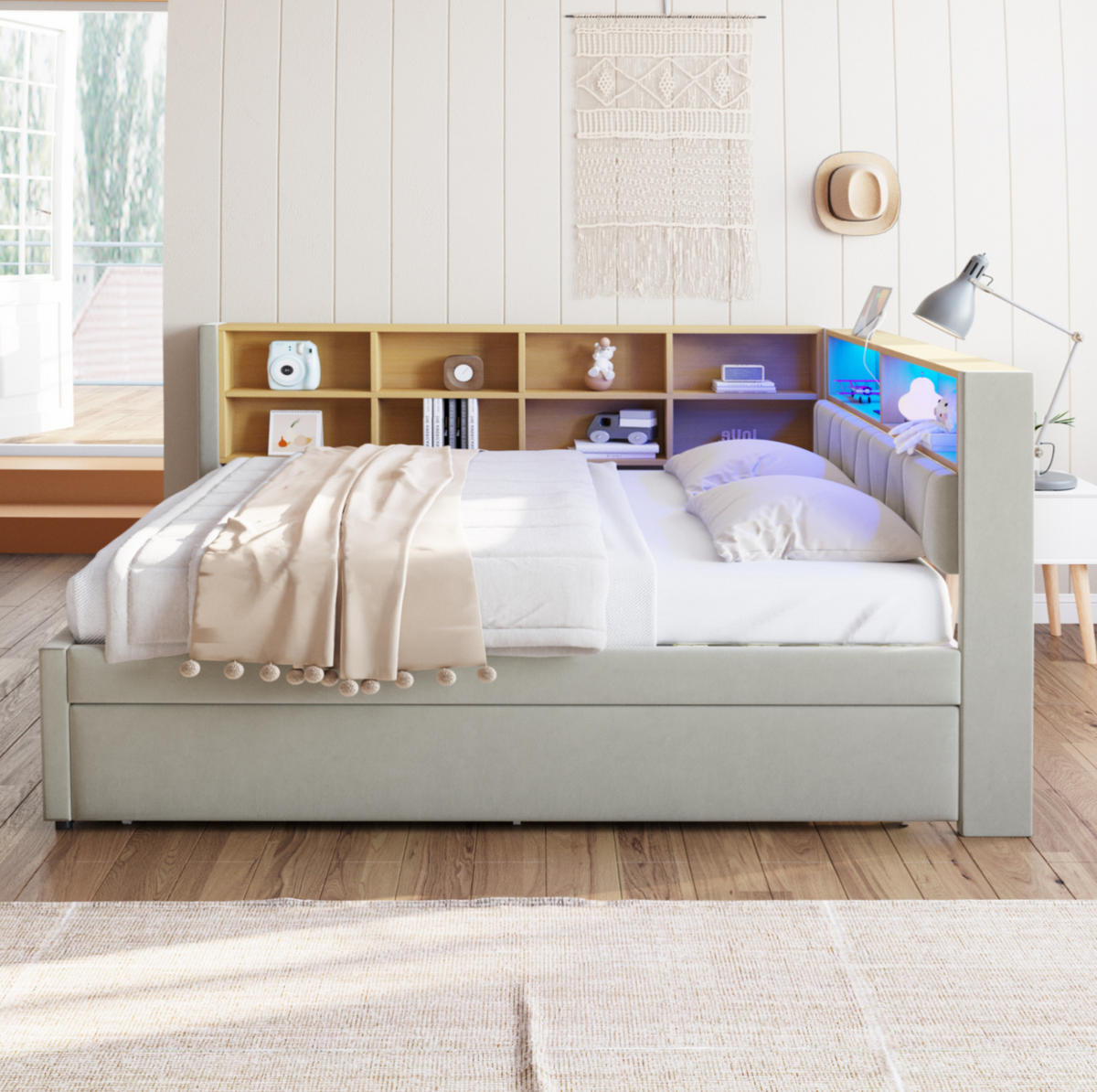 BETT Multifunktionales mit Ausziehbett 90/190 cm & LED-Beleuchtung Flanell Hellgrau 140/200 cm - Hellgrau, Textil (90/190cm) - OKWISH