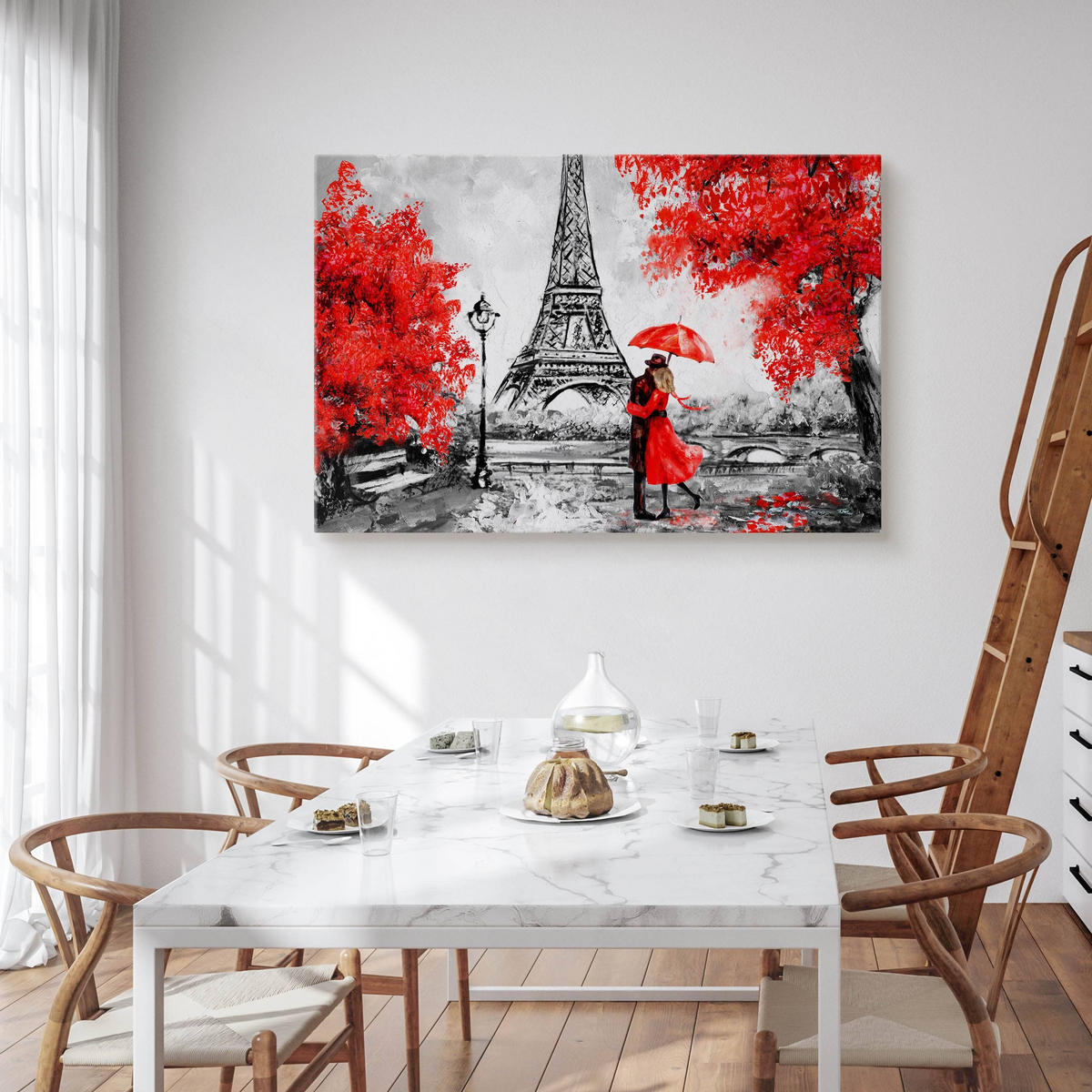 LEINWANDBILD Romantisches Paris Eiffelturm Bäume Malarei 100x70 - Rot/Schwarz, Textil (100/70cm) - Muralo