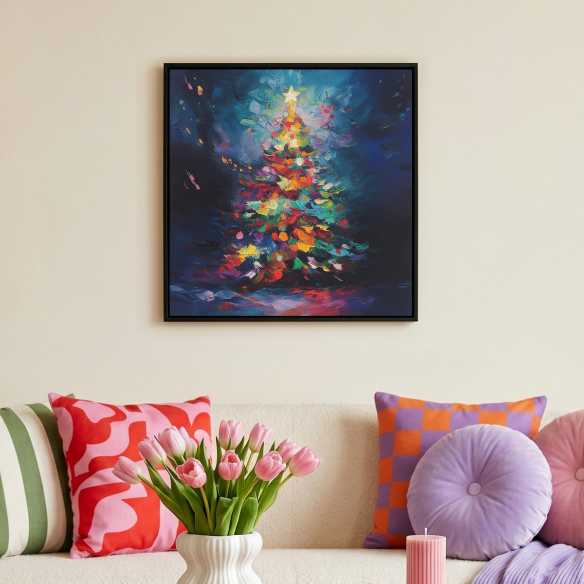 LEINWAND Bilder mit Rahmen - Weihnachtsbaum - Weihnachten - Abstrakt - Farbenfroh - 50x50 - Multicolor, Textil (50/50cm) - MuchoWow