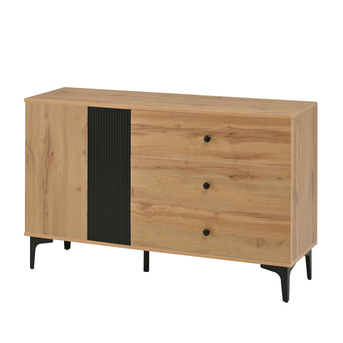 SIDEBOARD 120 cm Naturholz & Schwarz mit Tür, 3 Schubladen & Metallbeinen im skandinavischen Stil - Naturfarben, Holzwerkstoff (120/76/35cm) - Urban Meuble
