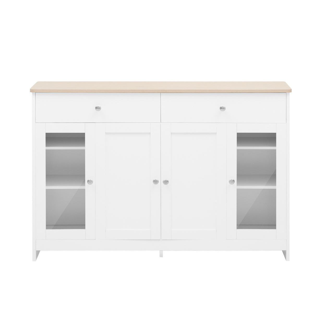 SIDEBOARD 120/37/80 cm mit 4 Türen, 2 Schubladen & Glaseinsatz im Landhausstil - Weiß, Holzwerkstoff (120/80/37cm) - BEAOK
