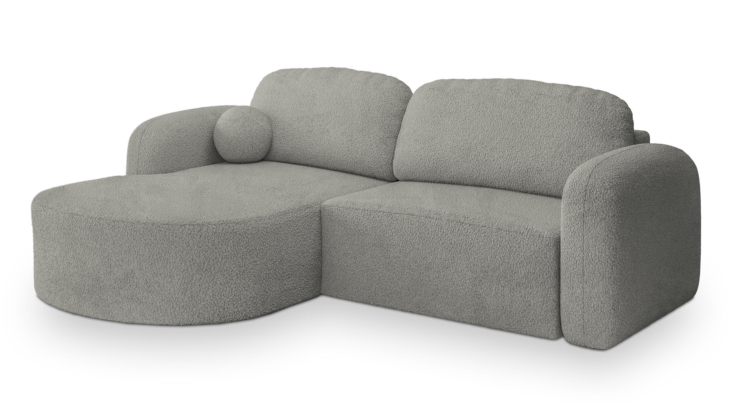ECKSOFA AMILIA L-S Hellgrau Boucle-Stoff mit Schlaffunktion - Hellgrau, Holz (263/174cm) - MASSENO