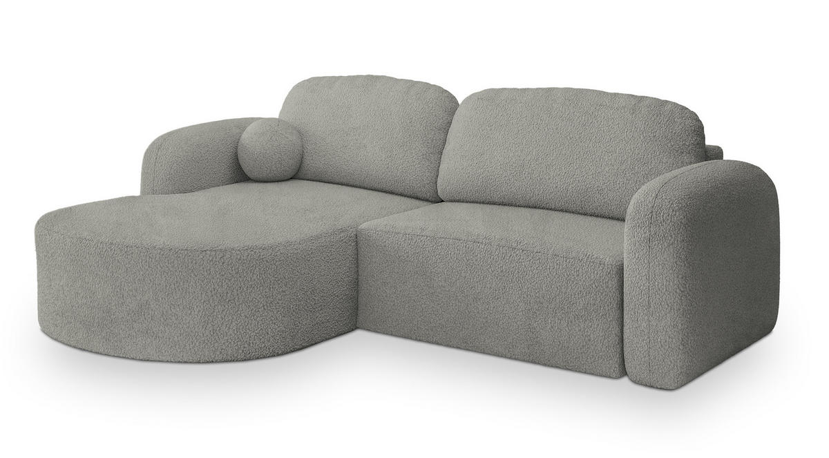 ECKSOFA AMILIA L-S Hellgrau Boucle-Stoff mit Schlaffunktion - Hellgrau, Holz (263/174cm) - MASSENO
