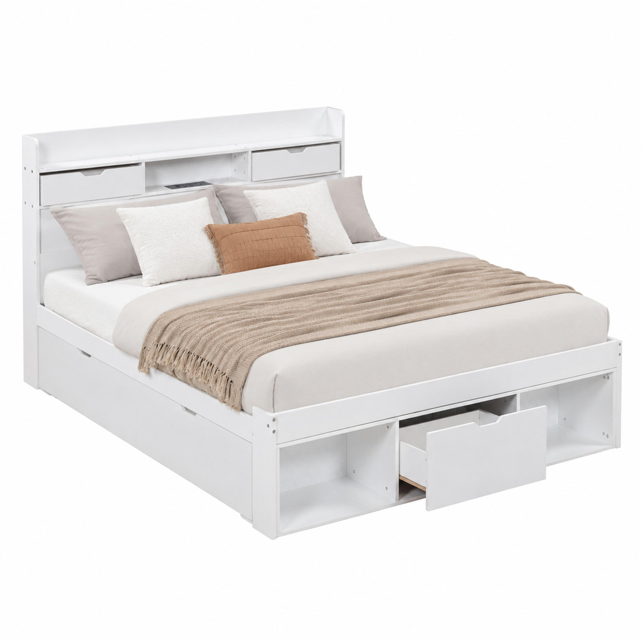 BETT mit Stauraum und USB 160x200 cm Weiß - Weiß, Holzwerkstoff (160/200cm) - Meubliv