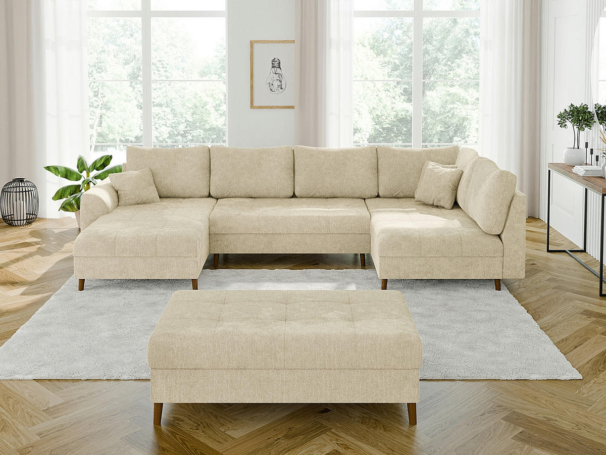 WOHNLANDSCHAFT inkl. Hocker Sigurd Beige Chenille - Beige/Braun, Holz/Textil (310/81/161cm) - S-Style Möbel
