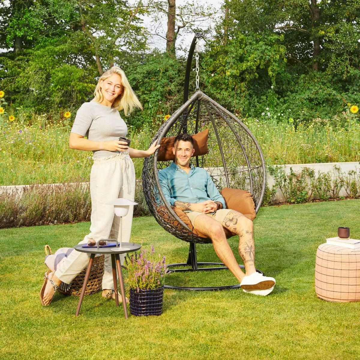 POLYRATTAN Hängesessel mit Regenabdeckung CIELO - Grau/Braun - Grau, Kunststoff (104/200/104cm) - Home Deluxe