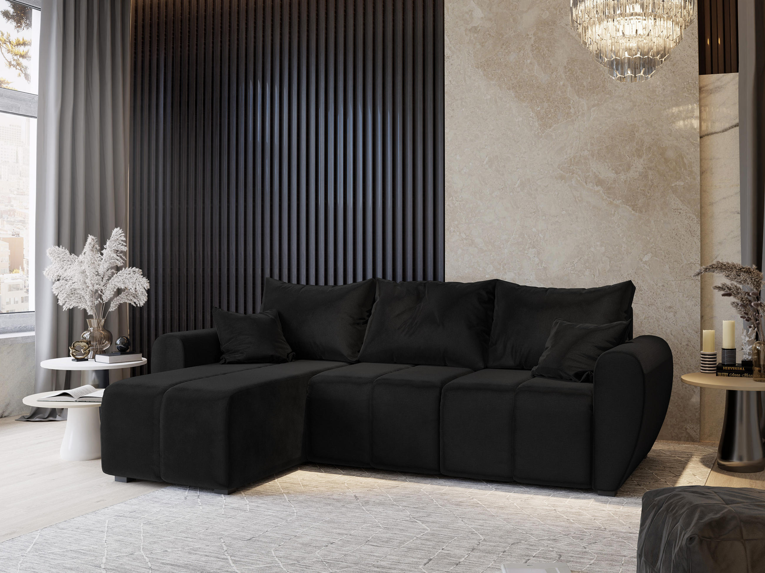 ECKSOFA MADISON Schwarz Plüsch-Stoff mit Schlaffunktion - Schwarz, Holz (246/143cm) - MASSENO